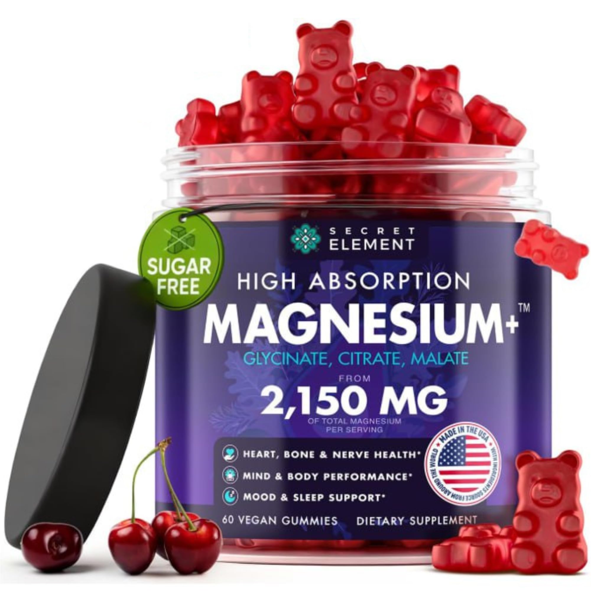 Secret Element Magnesium Gummies botella frontal, ingesta diaria conveniente.