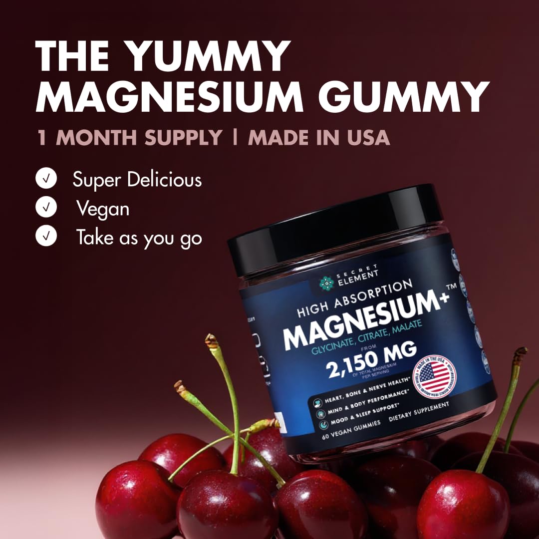 Secret Element Magnesium Gummies sabor cereza, delicioso complemento diario.