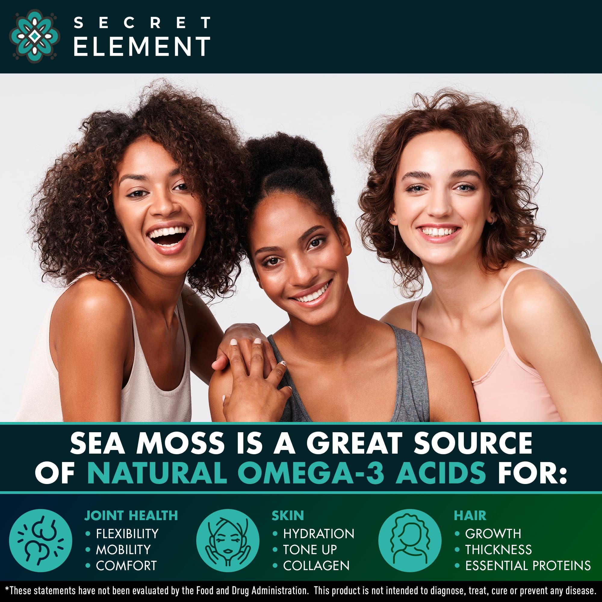 Secret Element Sea Moss Capsules enfoque en algas para enriquecer la dieta diaria.