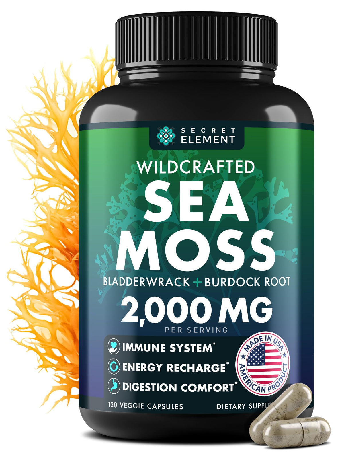Secret Element Sea Moss Capsules botella para una rutina diaria de bienestar.