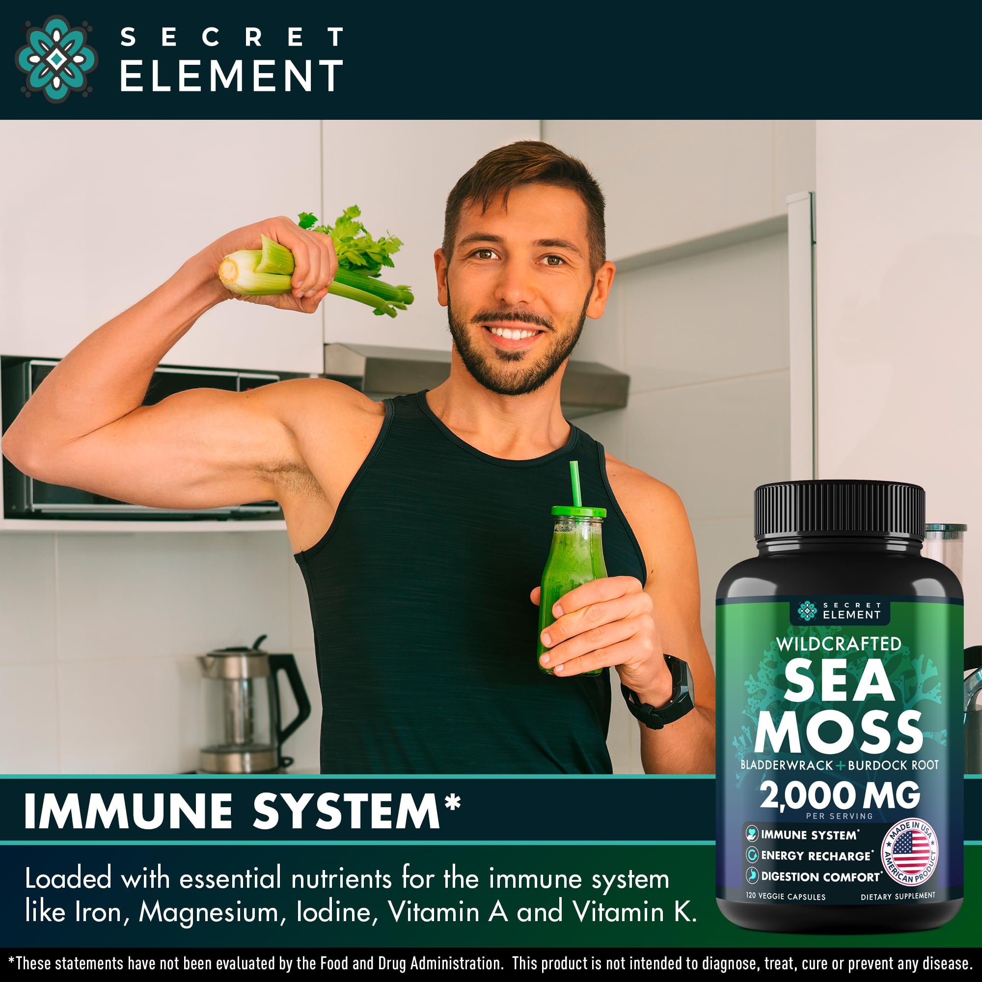 Secret Element Sea Moss Capsules empaque compacto para uso diario y transporte cómodo.
