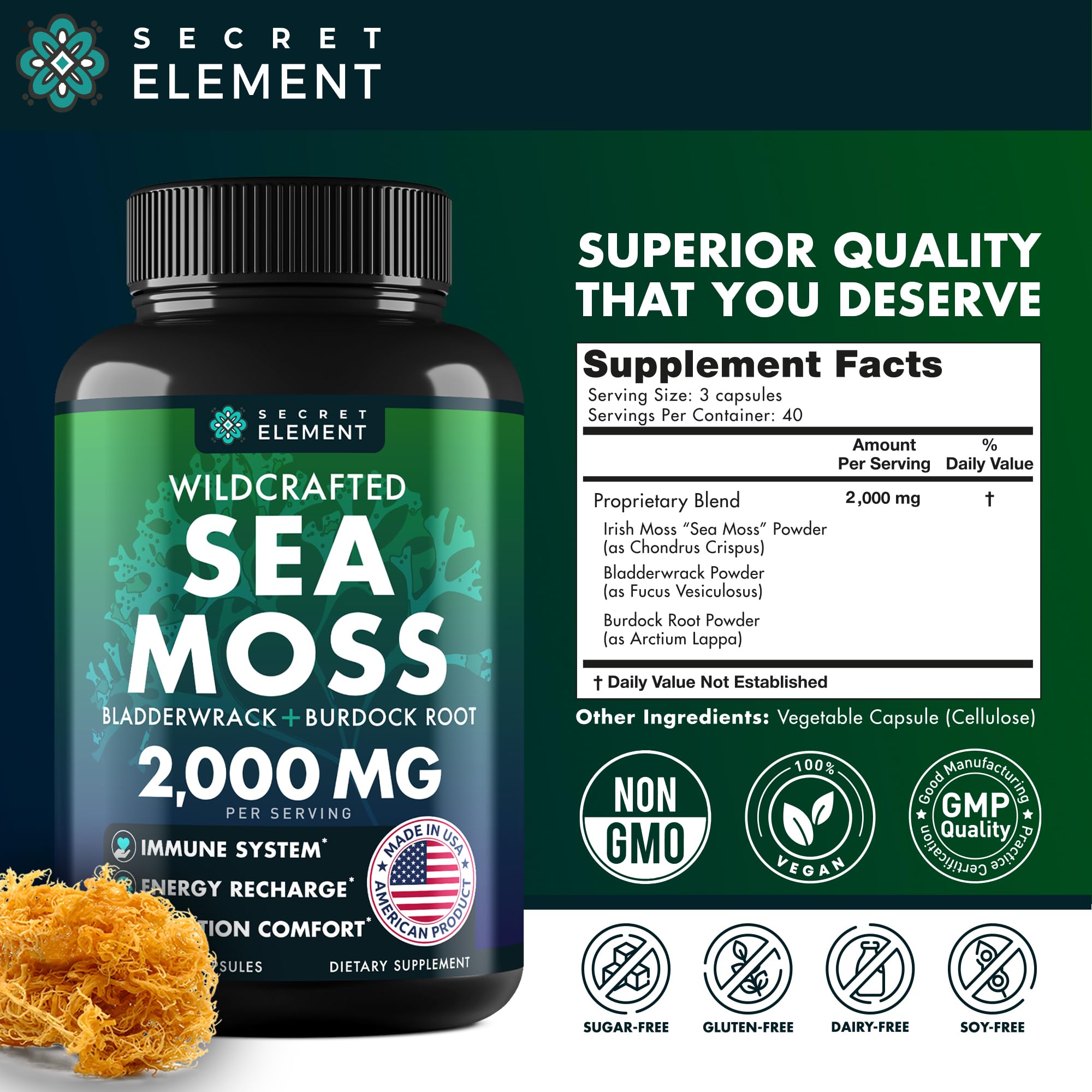 Secret Element Sea Moss Capsules enfoque en muira puama para estilo de vida activo.