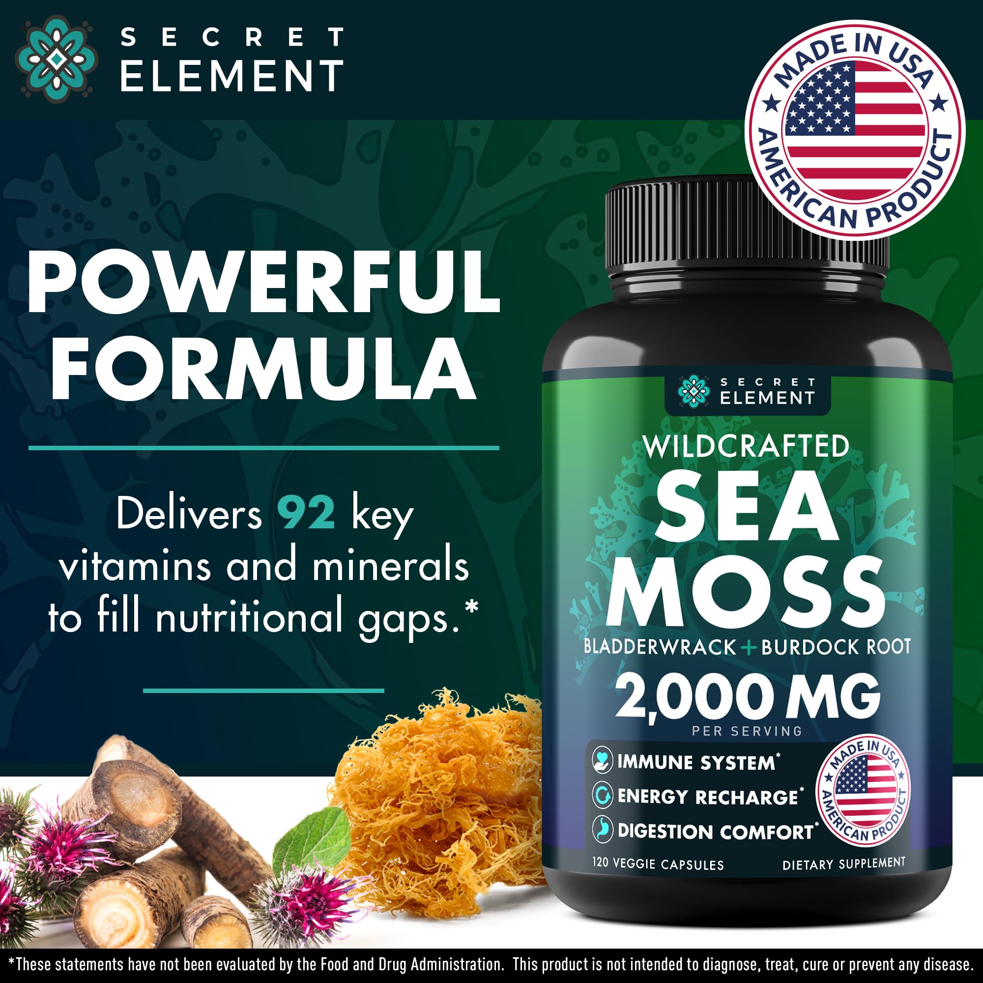 Secret Element Sea Moss Capsules primer plano de ingredientes naturales para dieta equilibrada.