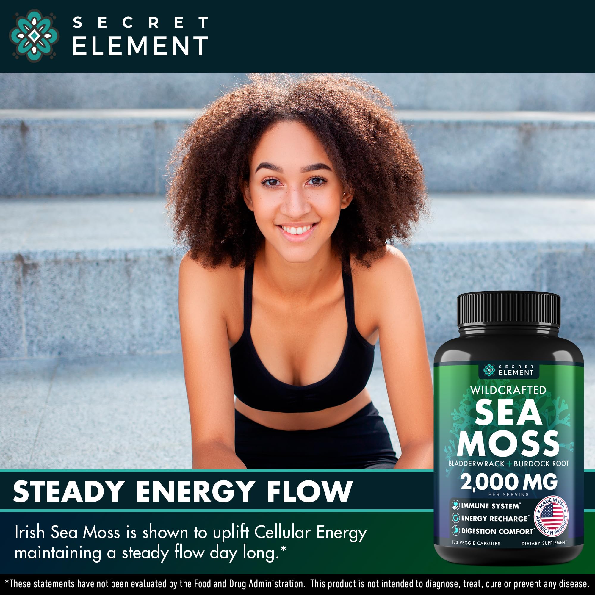 Secret Element Sea Moss Capsules raíz de bardana visible para apoyo diario de bienestar.