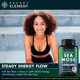 Secret Element Sea Moss Capsules raíz de bardana visible para apoyo diario de bienestar.