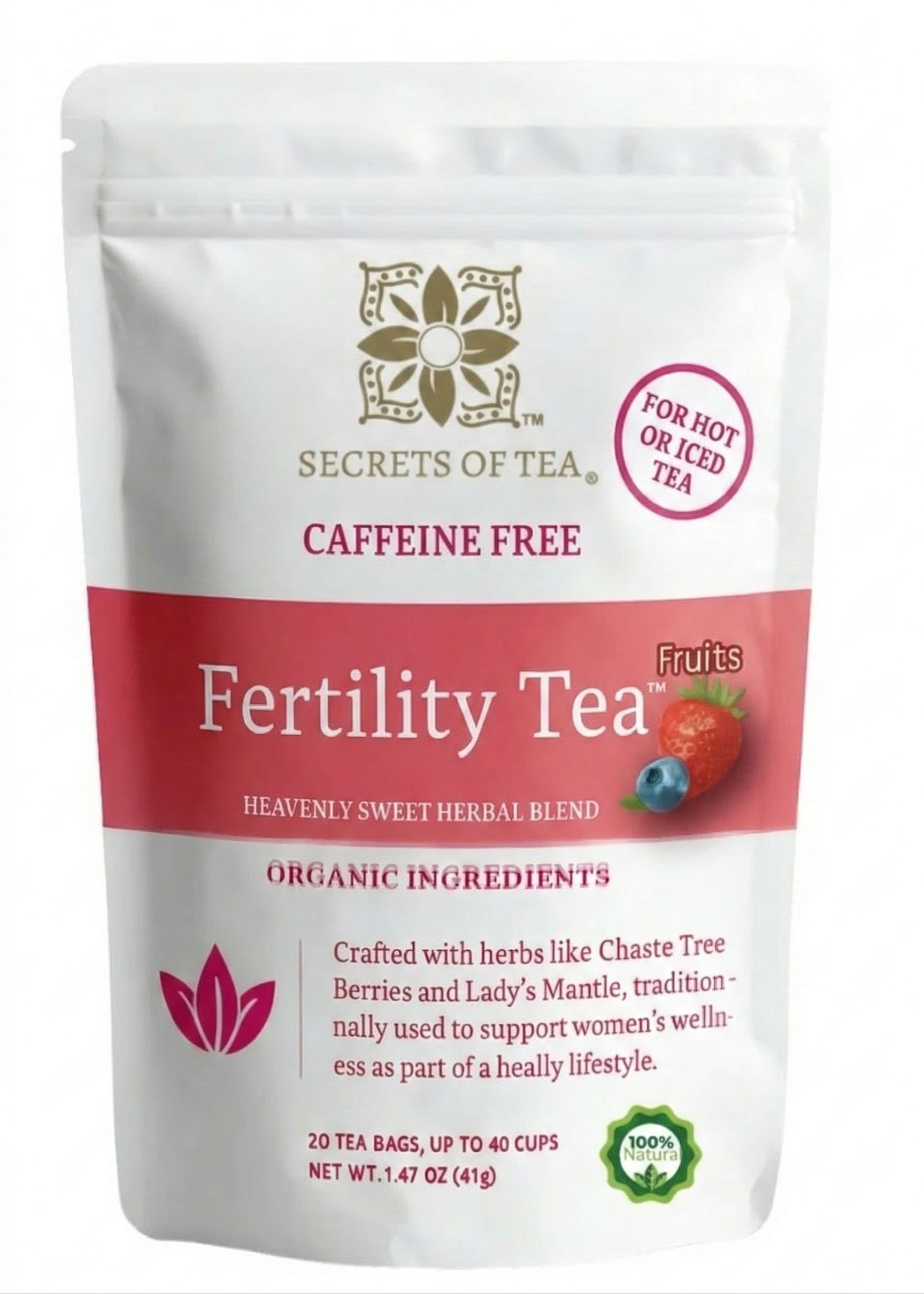Secrets Of Tea Fertilidad Tea, bolsitas sin cafeína para equilibrio diario.