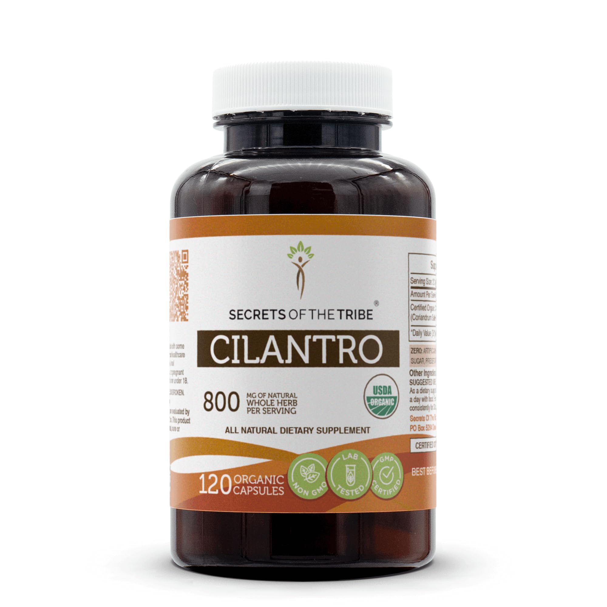 Cápsulas Secrets of the Tribe Cilantro en envase frontal, opción orgánica para dietas vegetarianas.