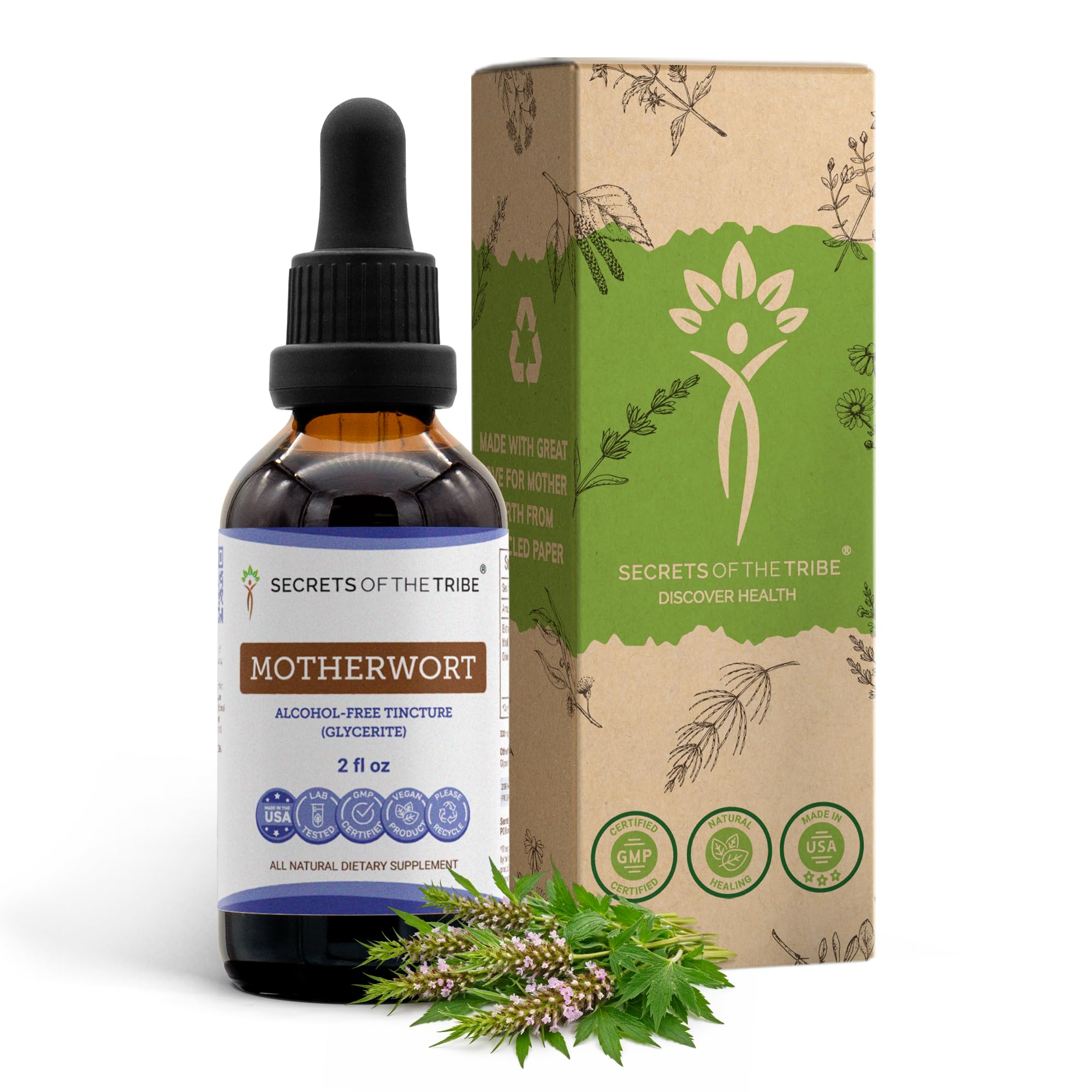 Motherwort Secrets of the Tribe, botella tintura, uso cómodo para dosis diarias.