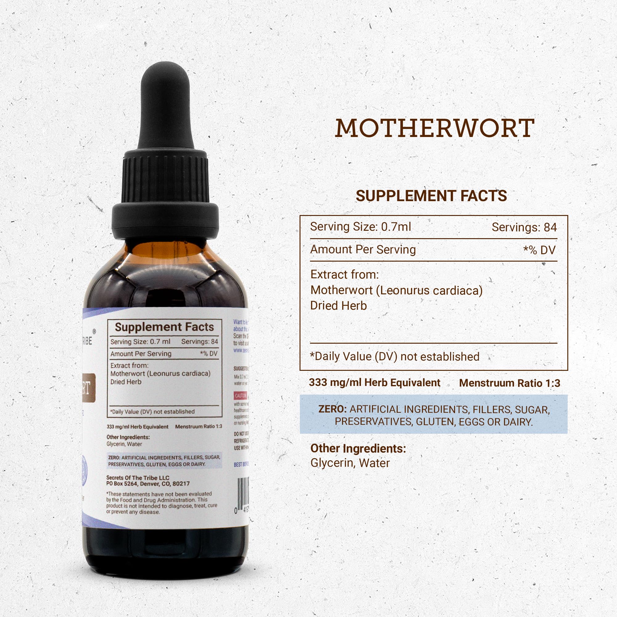 Motherwort Secrets of the Tribe, envase tintura, conserva bioactivos de forma natural.