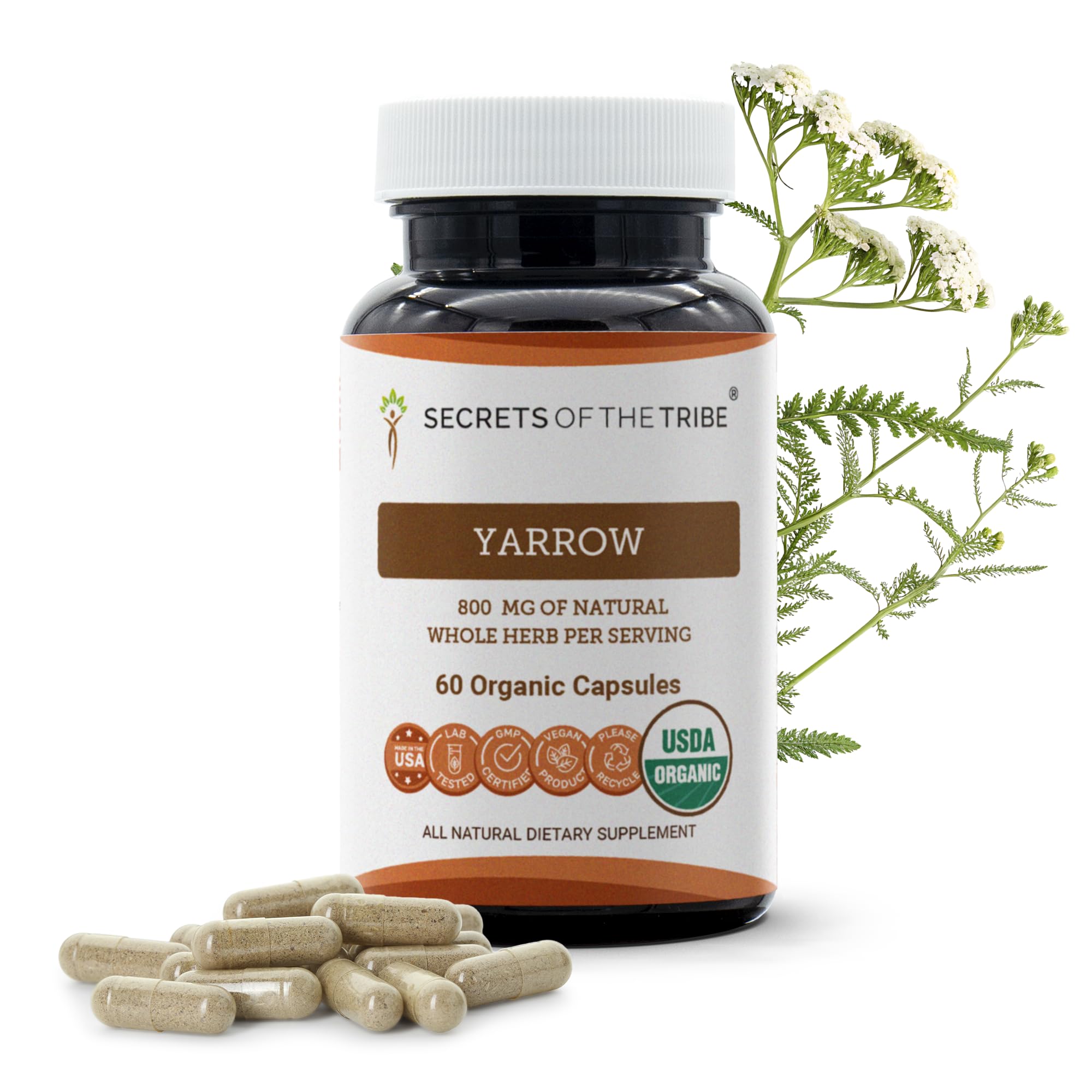 Secrets of the Tribe Yarrow botella con cápsulas para bienestar diario