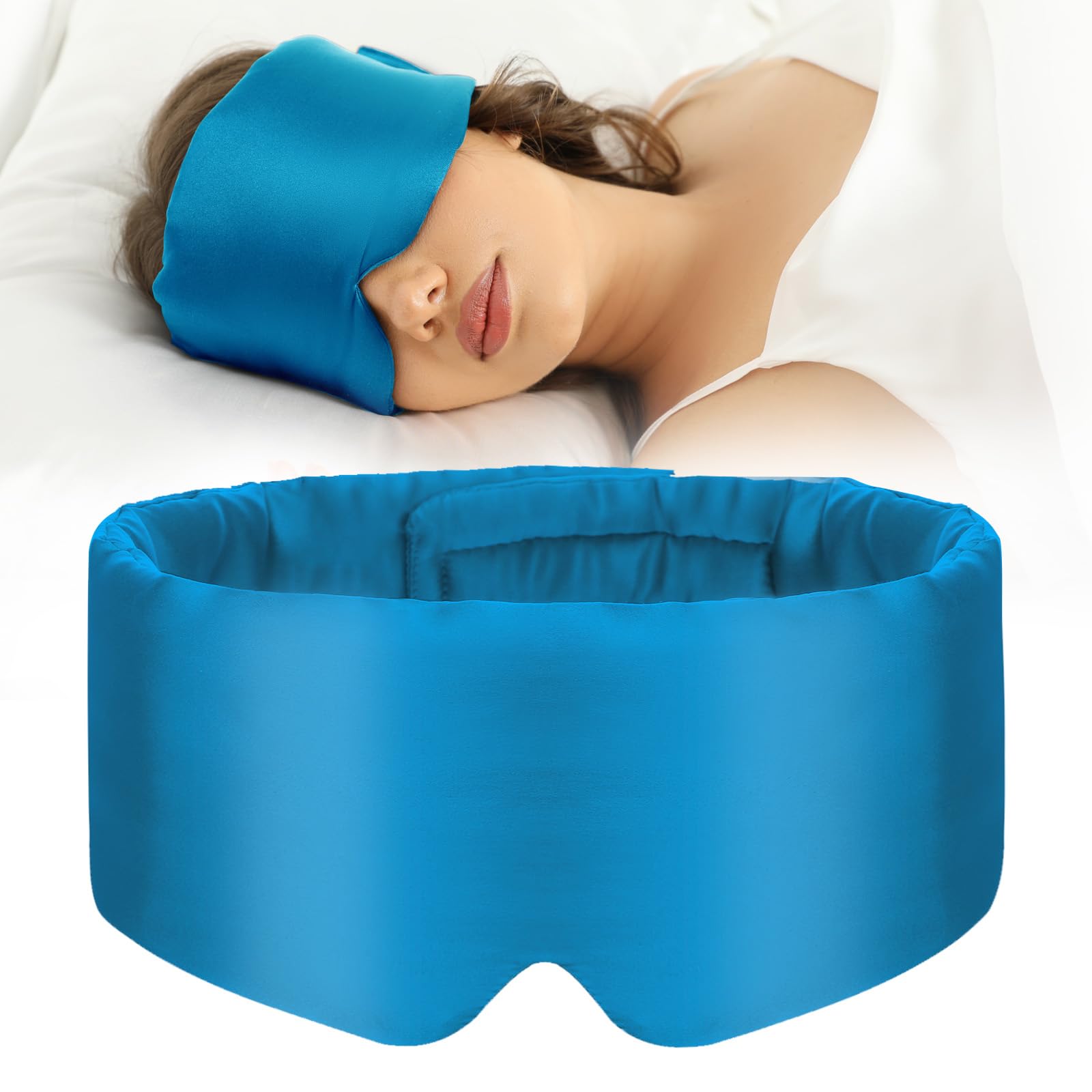 SECZIPE mascarilla de seda azul en primer plano, tacto suave y lujo para dormir