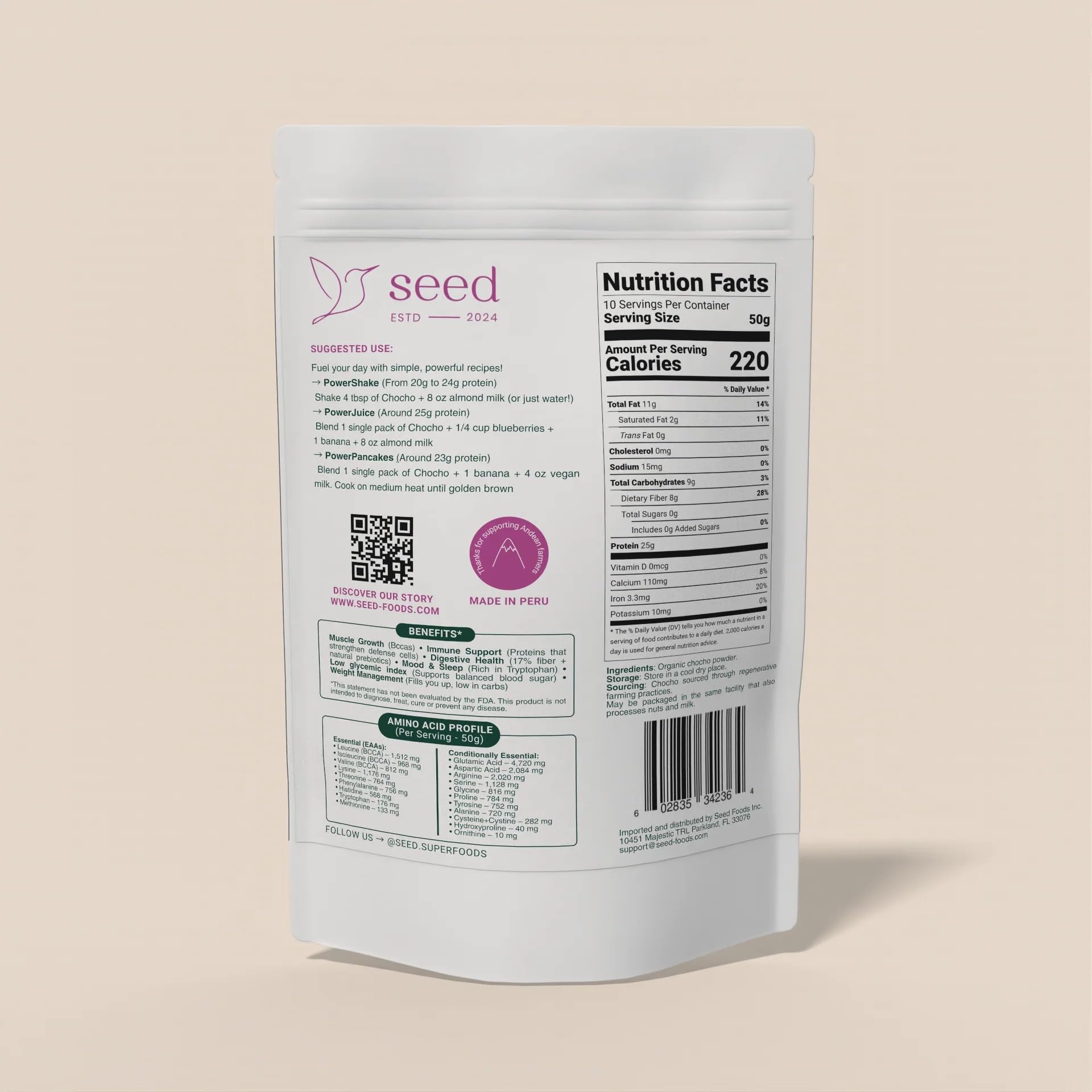 SEED Chocho etiqueta ingredientes, sin gluten y sin alérgenos comunes.