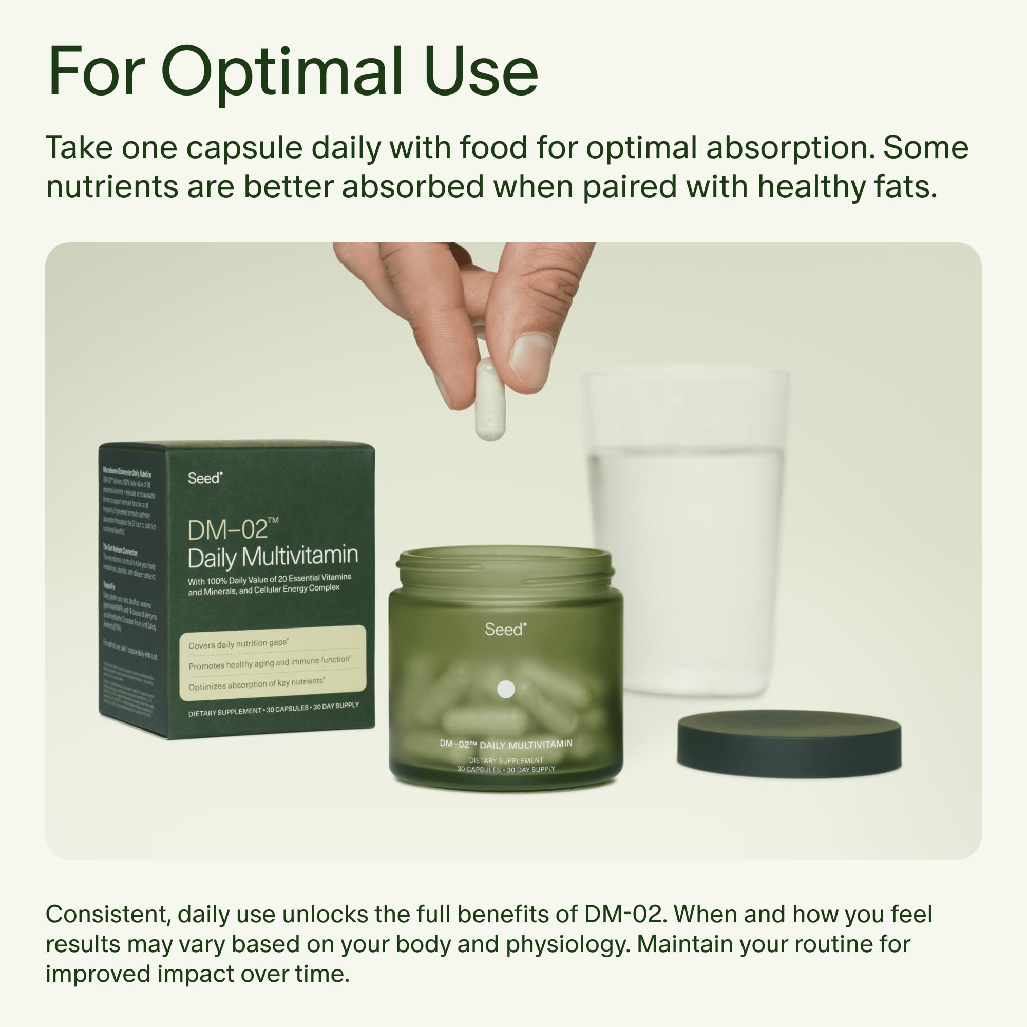 Seed DM-02: etiqueta nutricional que muestra 20 micronutrientes esenciales.