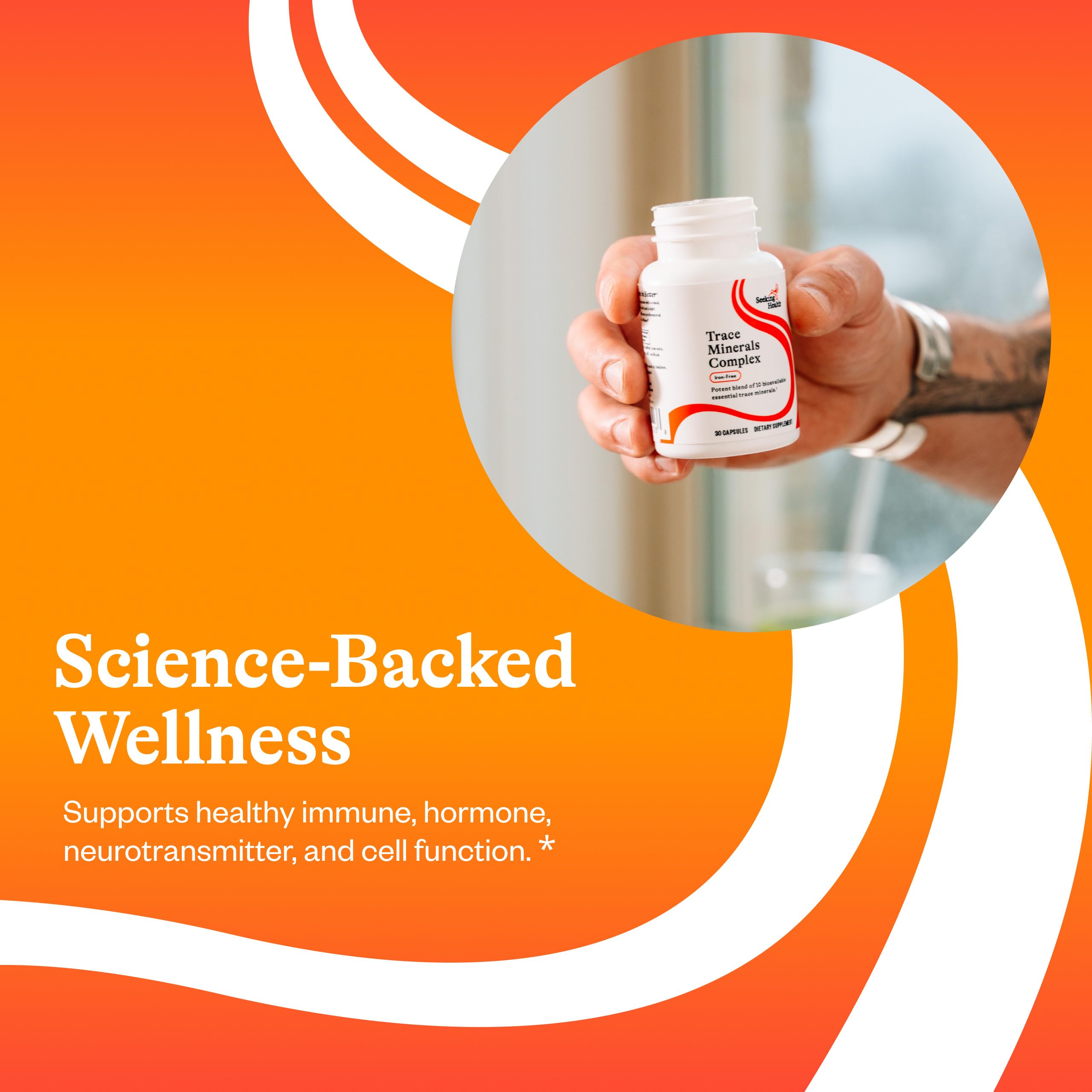 Seeking Health Trace Minerals Complex: frasco transparente con cápsulas libres de alérgenos.