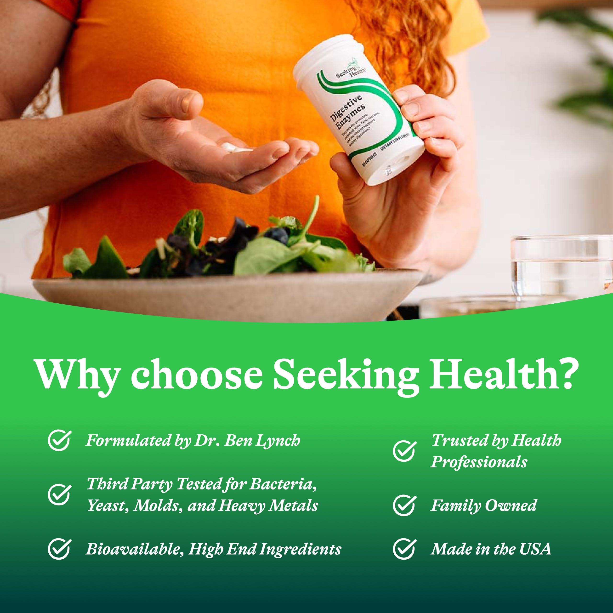 Envase de Seeking Health, diseñado para una experiencia limpia y sin alérgenos.