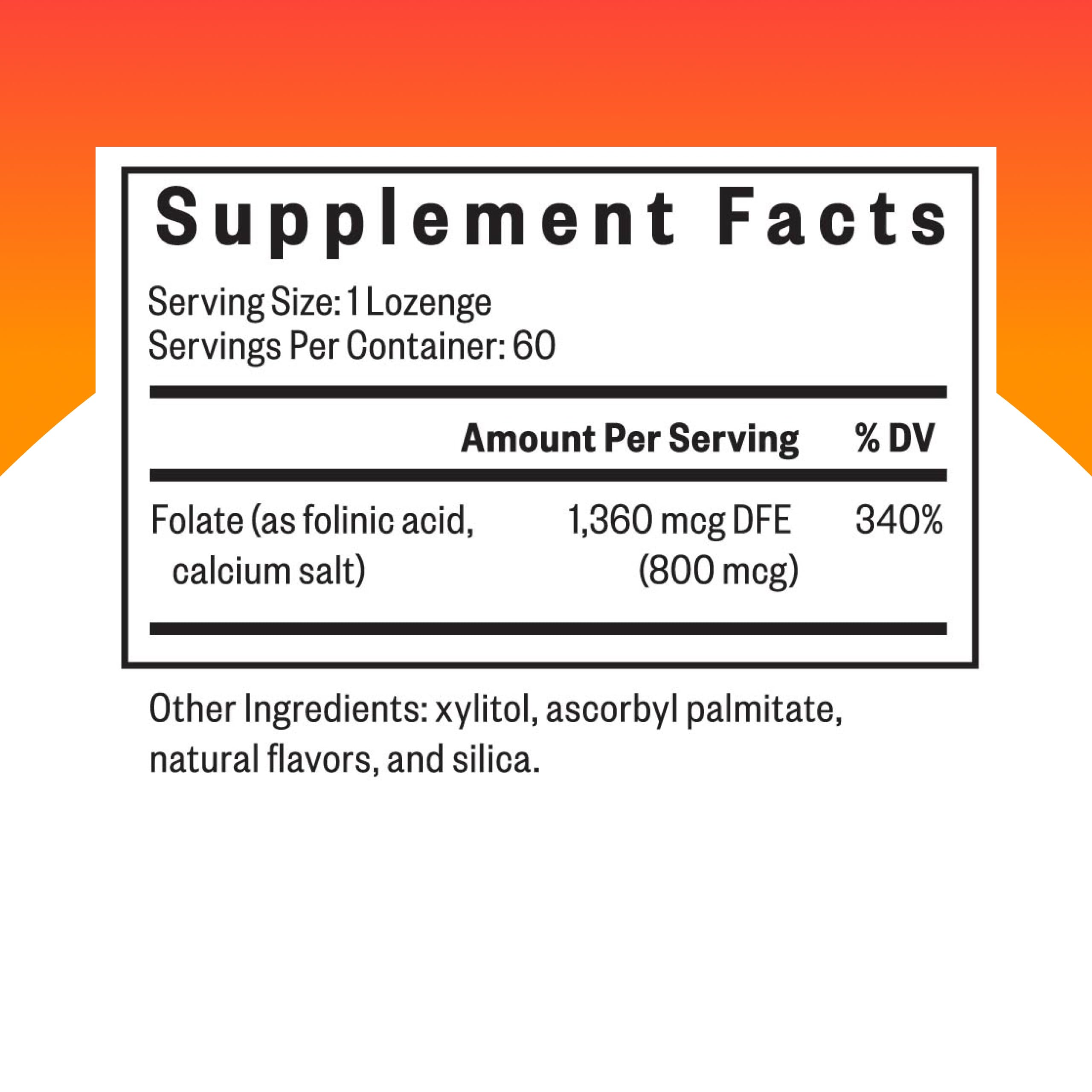 Pastillas masticables Seeking Health Folinic Acid muestran dosis diaria posible para energía sostenida.