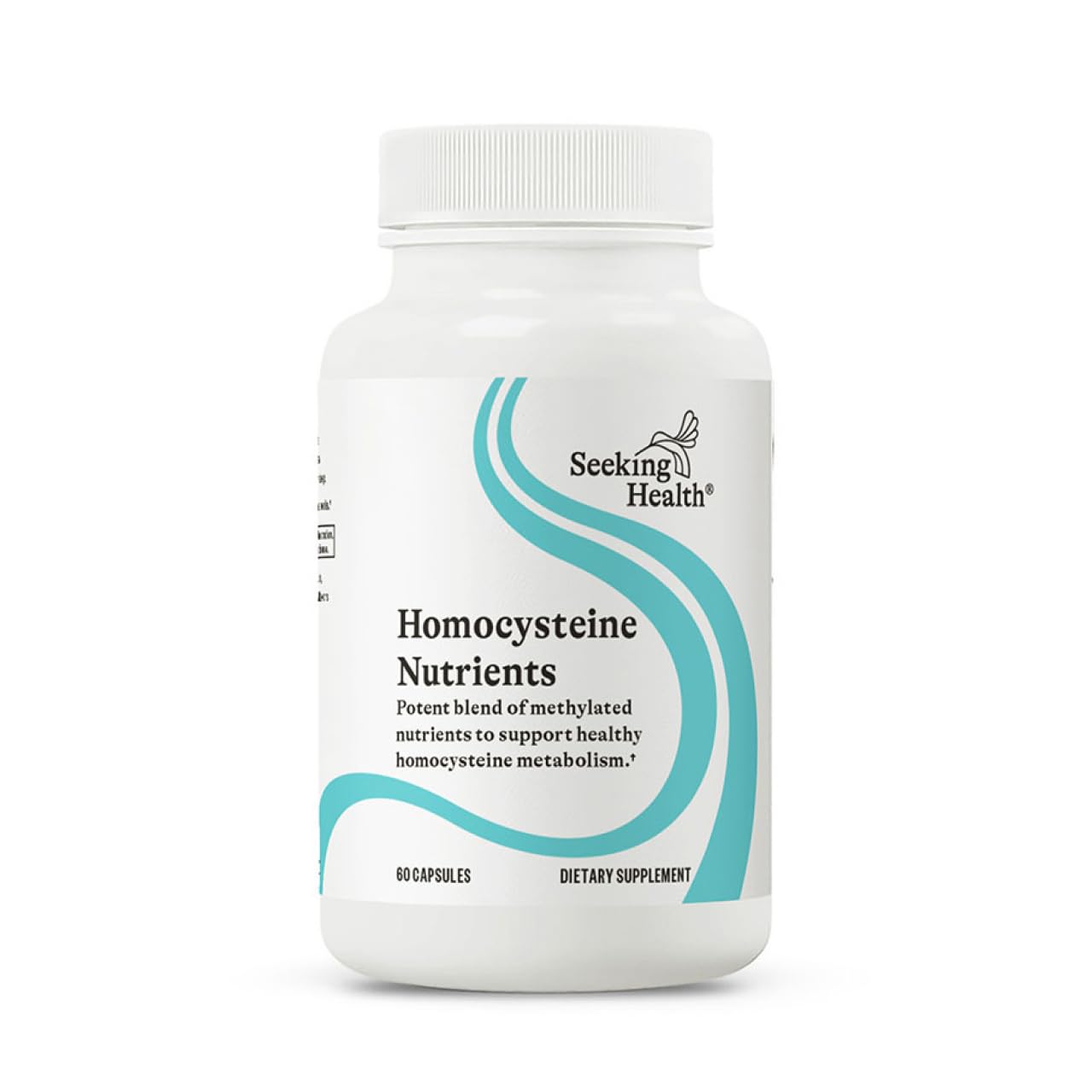 Botella de Seeking Health Homocisteina Nutrientes en primer plano, lista para uso diario.