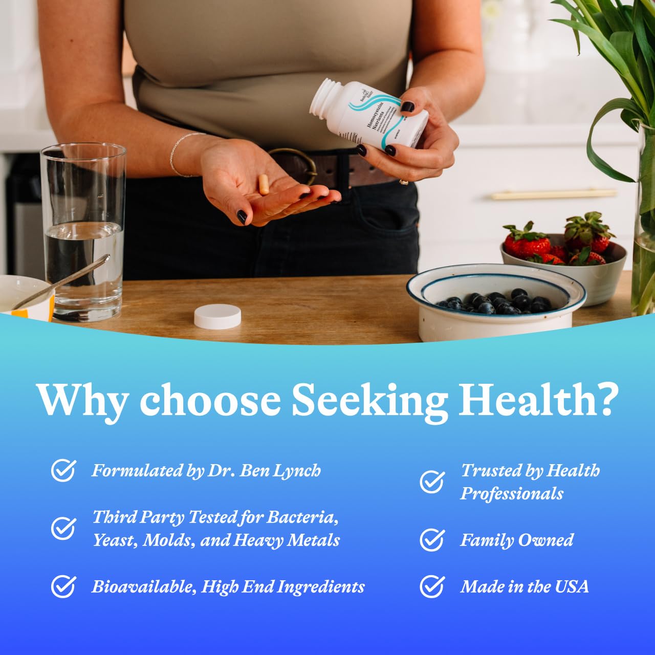 Escena de dosificacion con Seeking Health Homocisteina Nutrientes para uso diario.