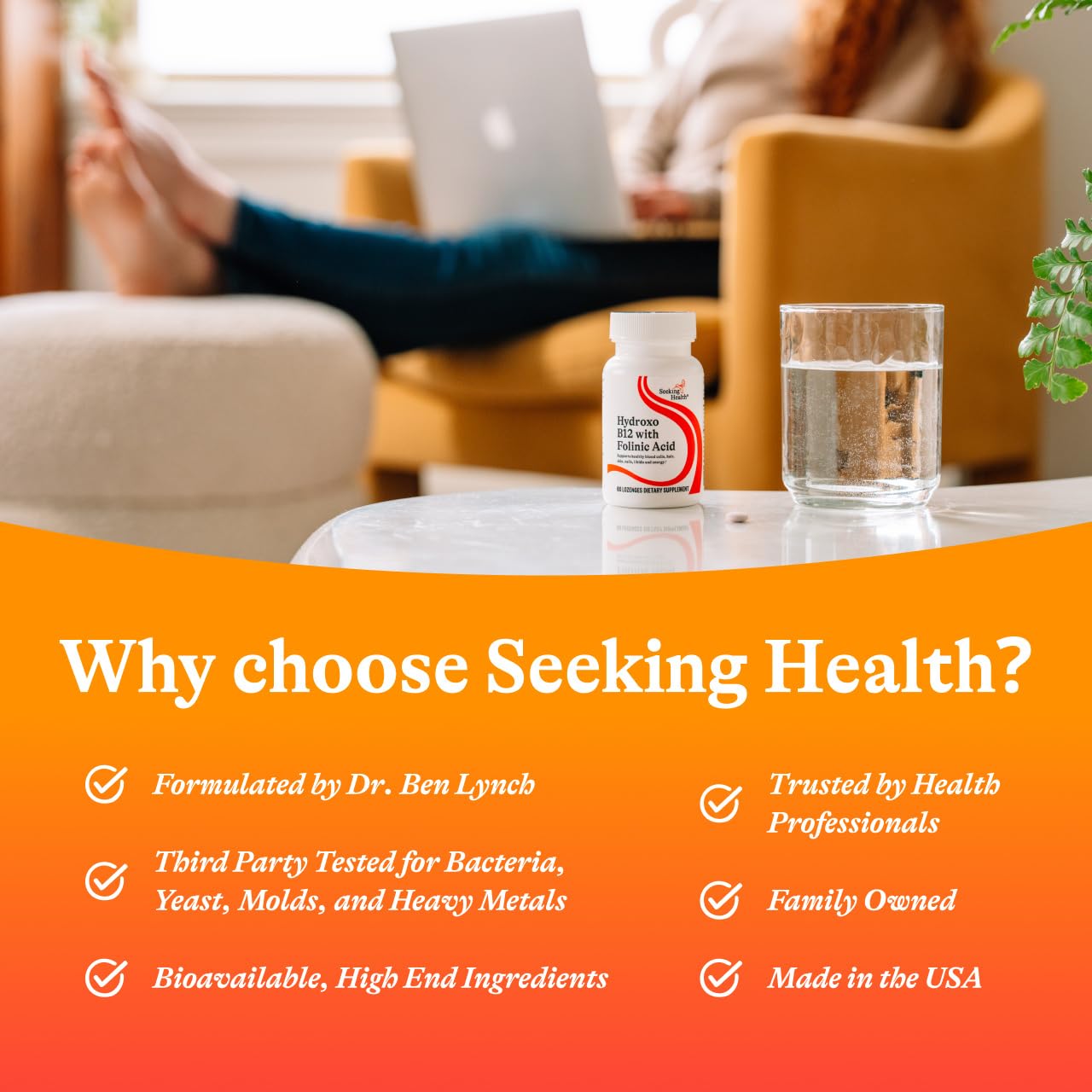 Seeking Health Hydroxo B12 con ácido folínico, pastillas-masticables libres de alérgenos para consumo seguro.