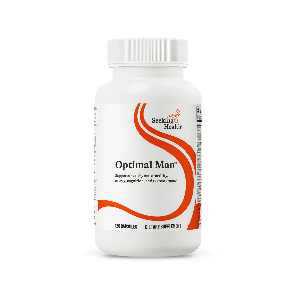 Seeking Health Optimal Man: botella visible, complemento diario para apoyar energía.