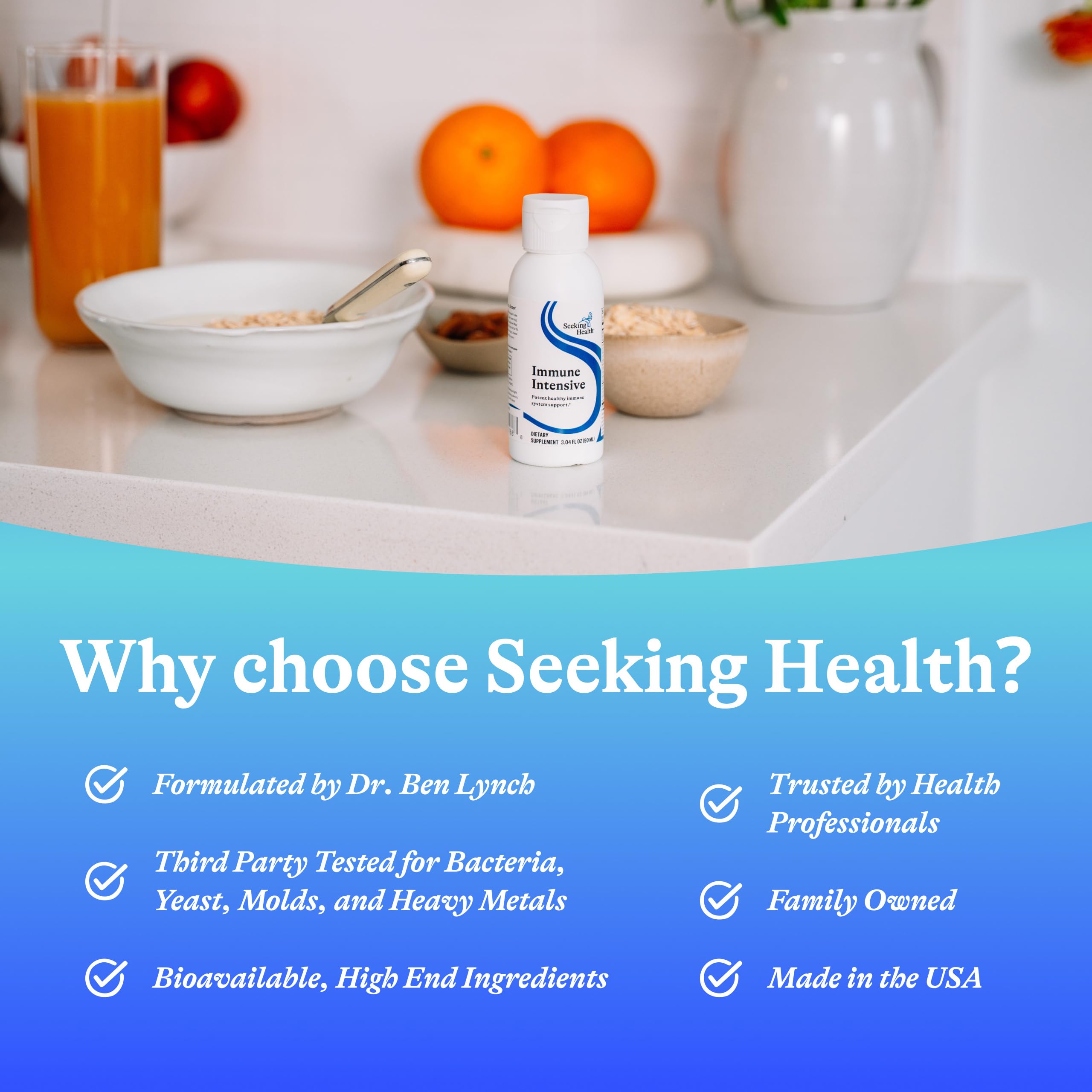 Seeking Health Immune Intensive: caja informativa con ingredientes y uso.