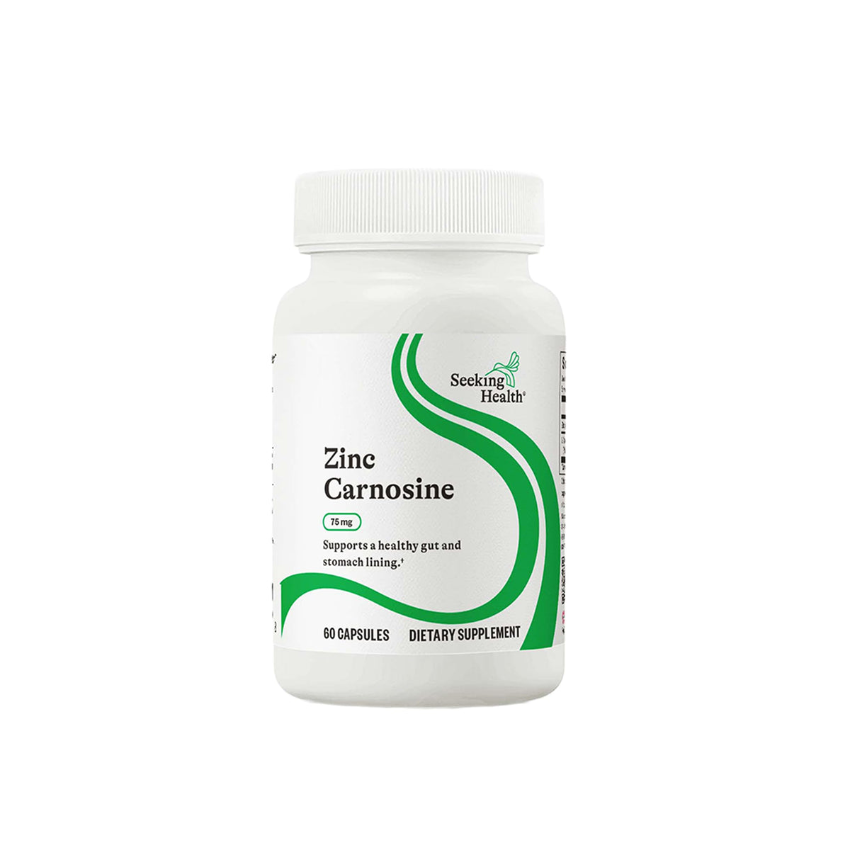 Seeking Health Zinc Carnosine, botella frontal: soporte digestivo suave y antioxidante.
