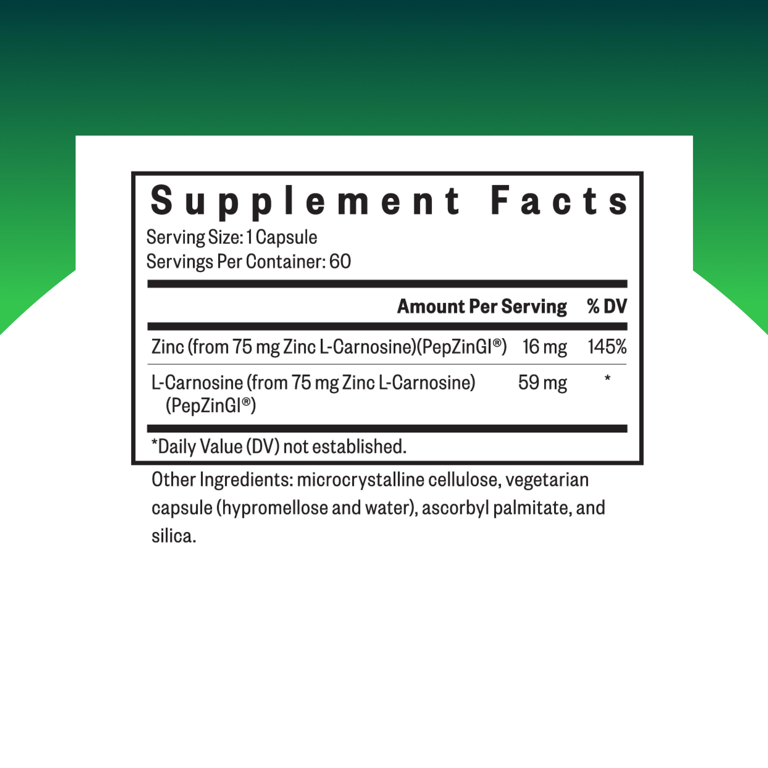 Seeking Health Zinc Carnosine, etiqueta frontal: información clara para salud digestiva.