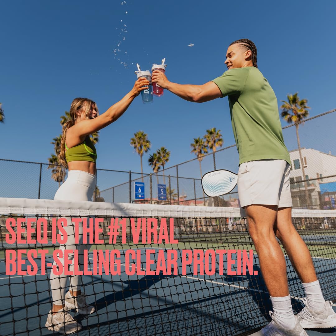 SEEQ Clear Whey Isolate: detalle del envase compacto para llevar.