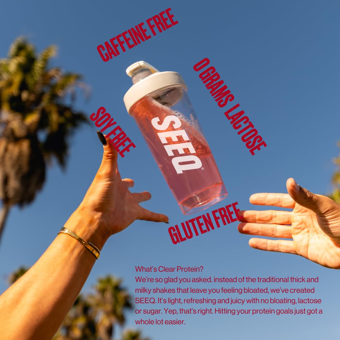 SEEQ Clear Whey Isolate: sabor fresa-limonada listo para tomar en cualquier momento.