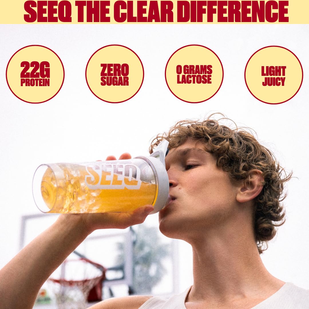 SEEQ Clear Whey Isolate: vaso con agua y hielo mostrando textura ligera y clara.