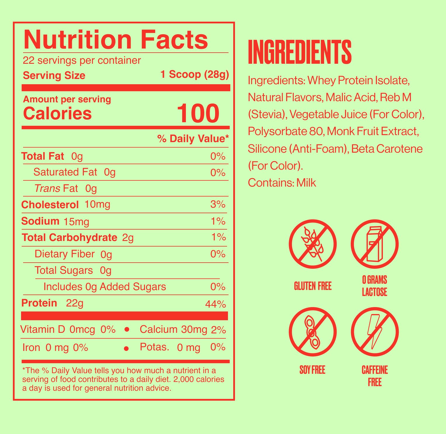SEEQ Clear Whey Isolate Watermelon Wave ingredients chart highlights sugar-free, lactose-free benefits