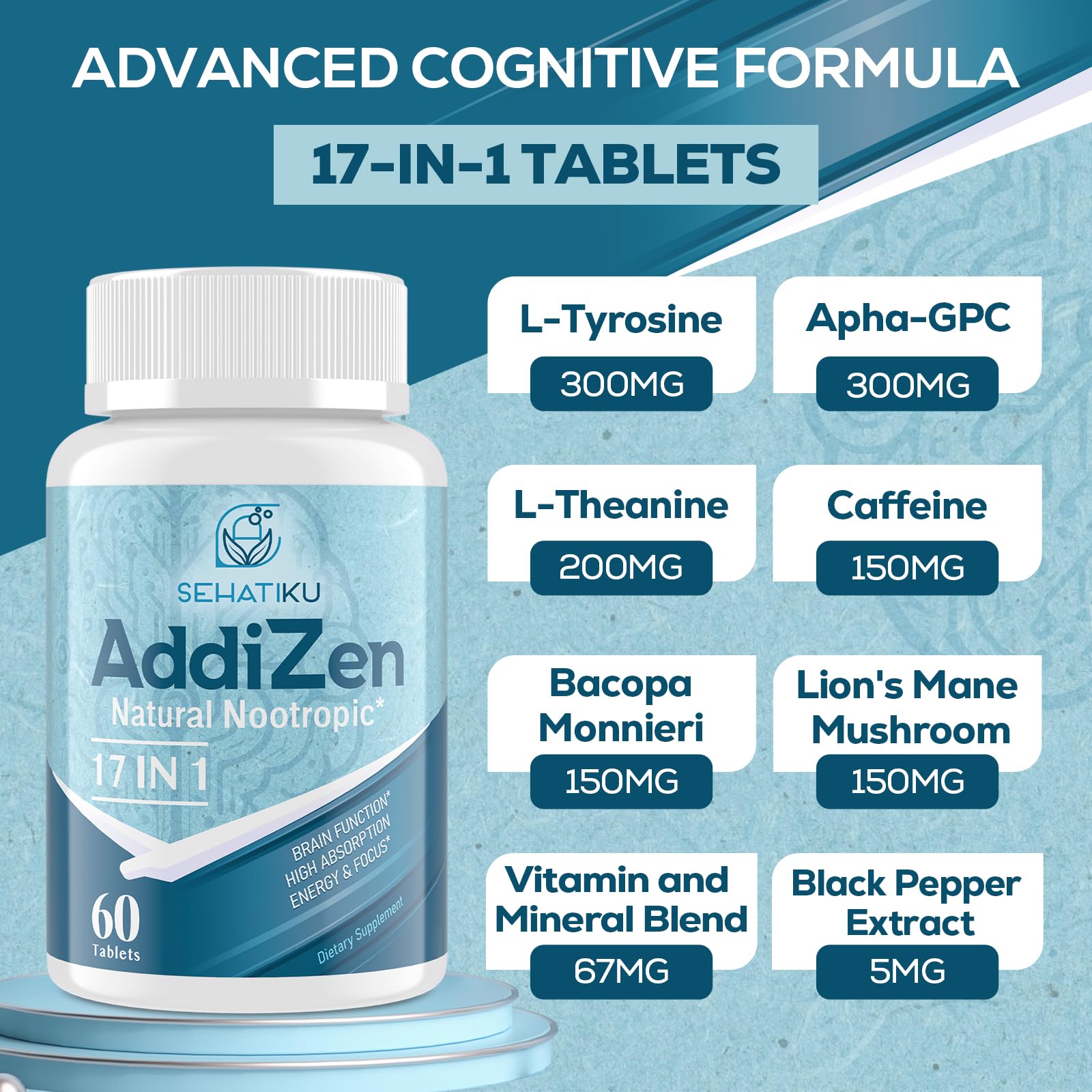 SehatiKu 17 en 1 ingredientes clave: mezcla equilibrada para claridad mental.