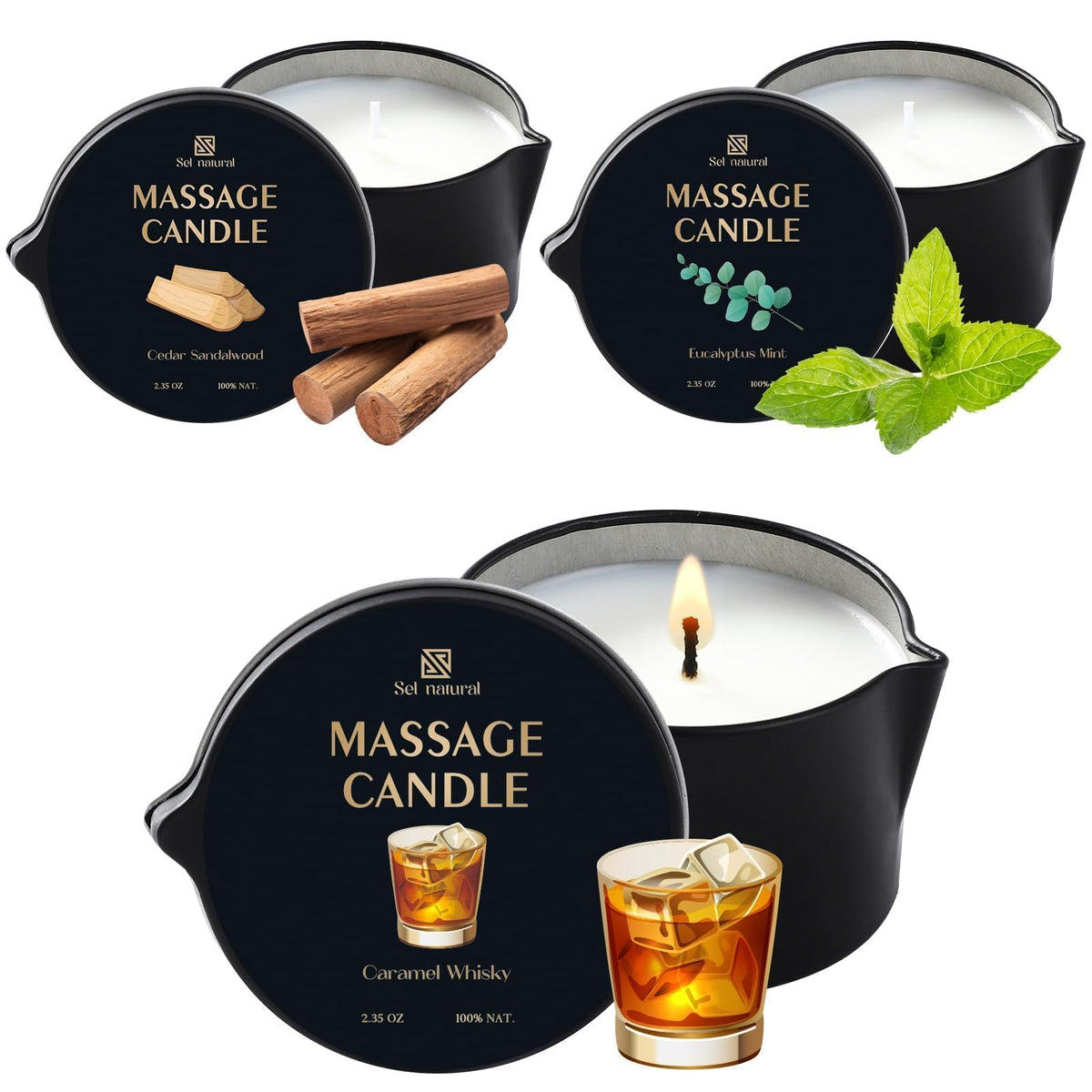 Sel Natural vela de masaje Eucalipto Menta para relajación.
