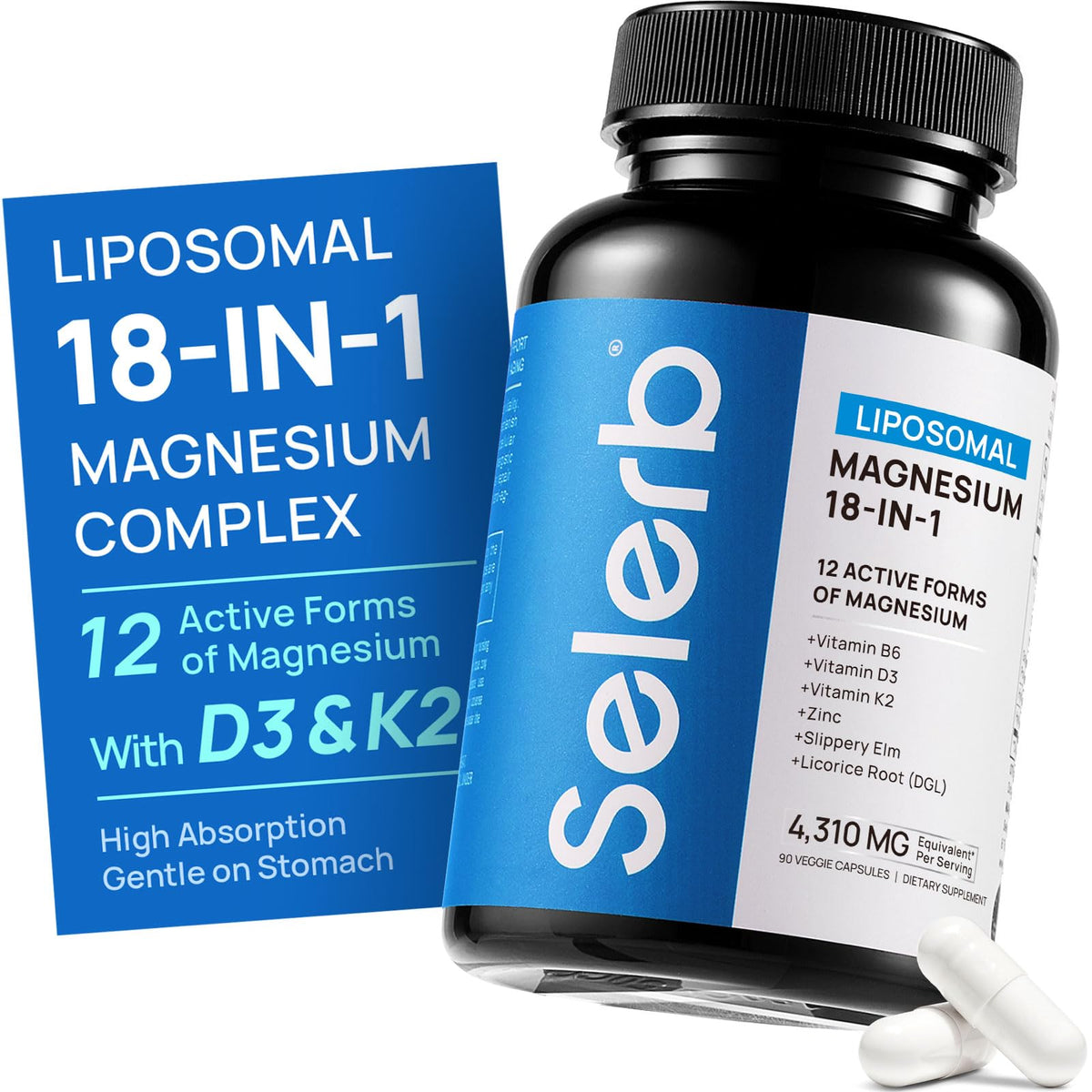 Selerb Magnesio 18 en 1, botella de cápsulas para apoyo muscular diario.