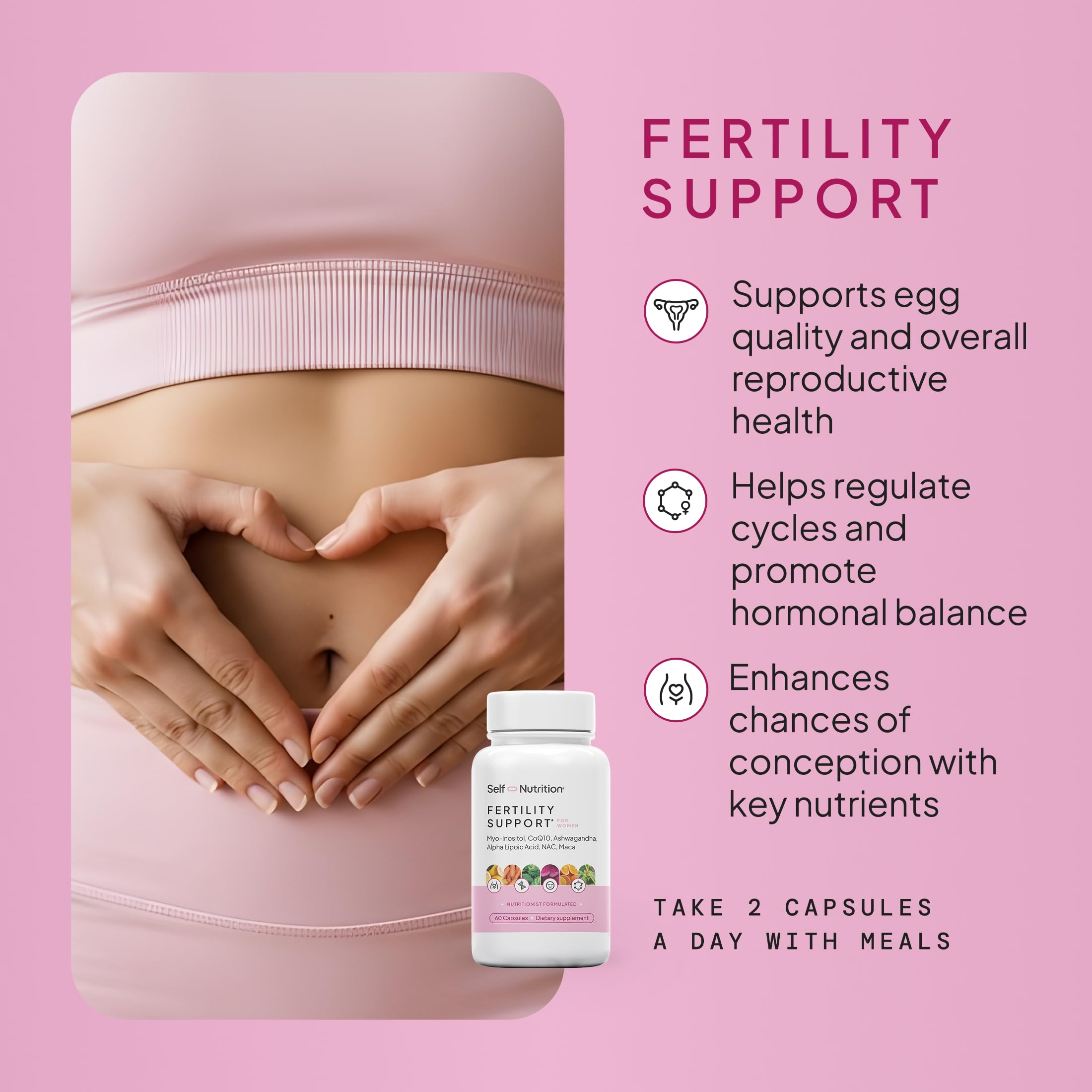 SELF NUTRITION Fertility Support, cápsulas en primer plano: dosificación diaria cómoda.