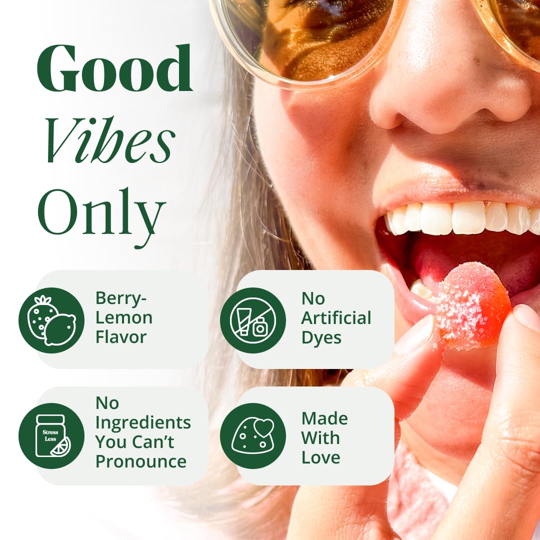 Semaine Stress Less Gummy, etiqueta de calidad, producto en EE. UU. con ingredientes europeos.