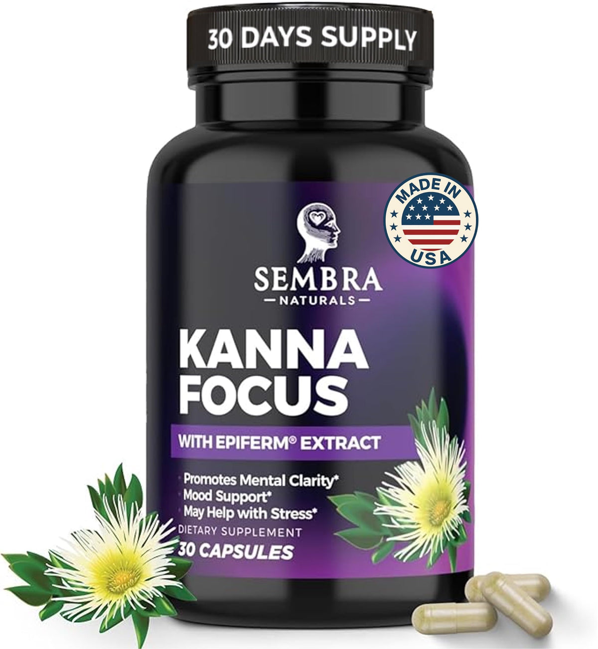 SEMBRA NATURALS KANNAFOCUS frasco de cápsulas para claridad diaria.