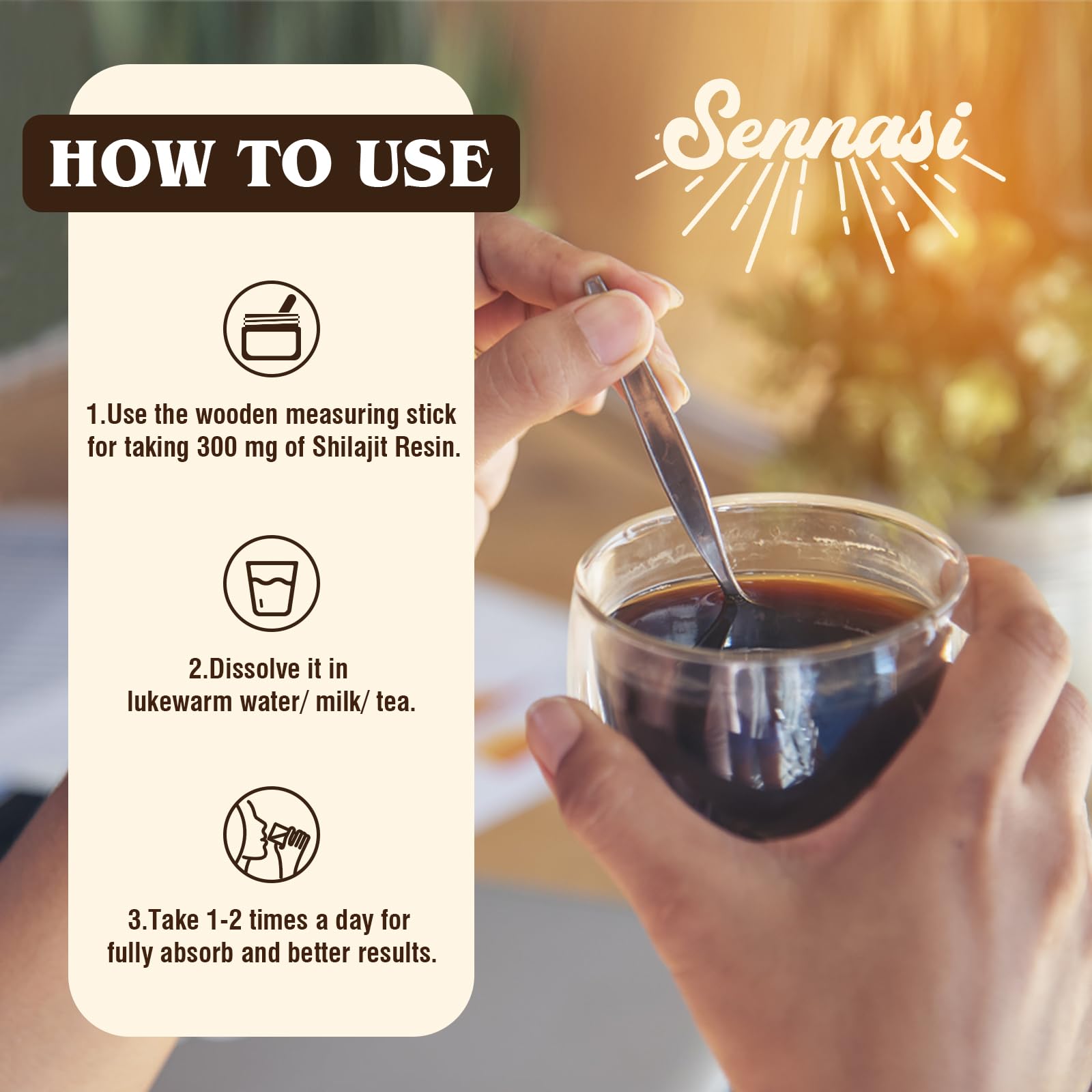 Uso diario de Shilajit Sennasi para energía sostenida.