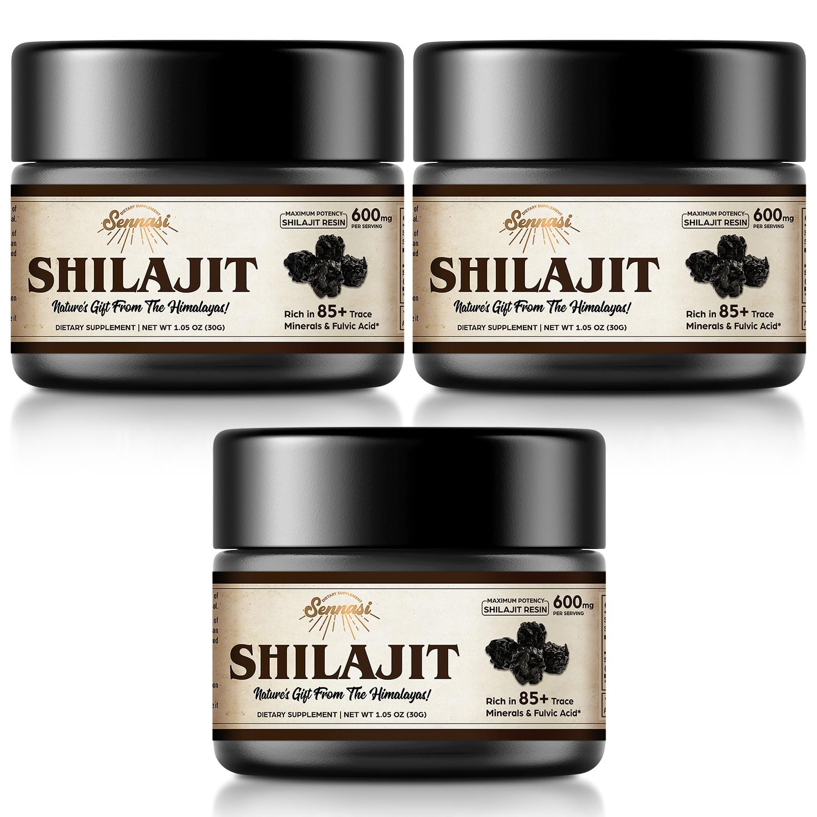 Sennasi Shilajit puro en frasco de 30 g para un inicio de día con vitalidad.