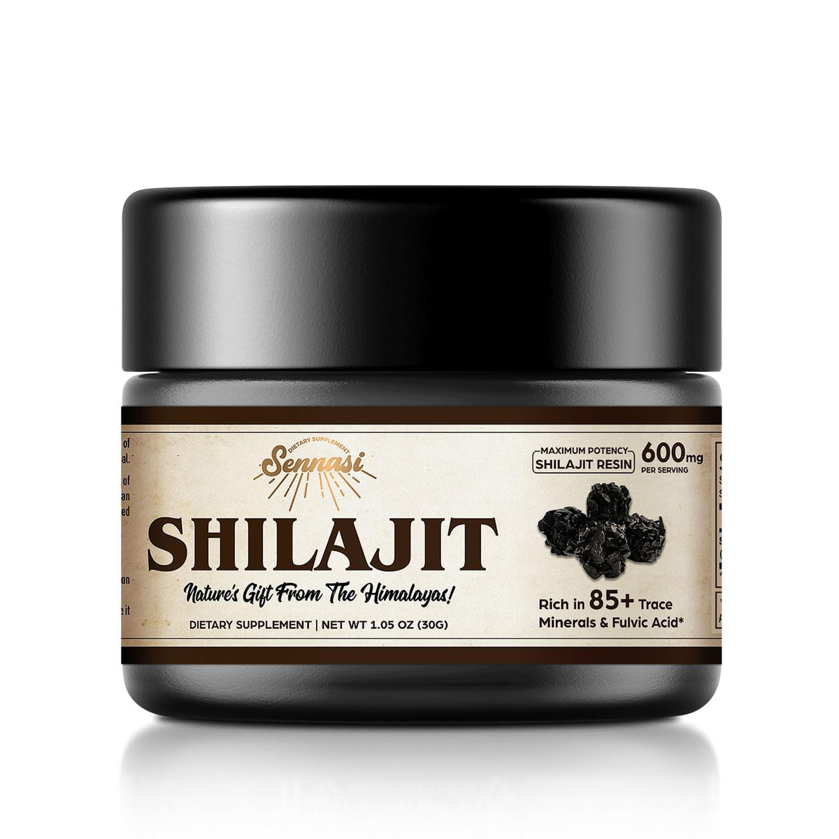 Sennasi Shilajit resina 600 mg, energía sostenida para el día.