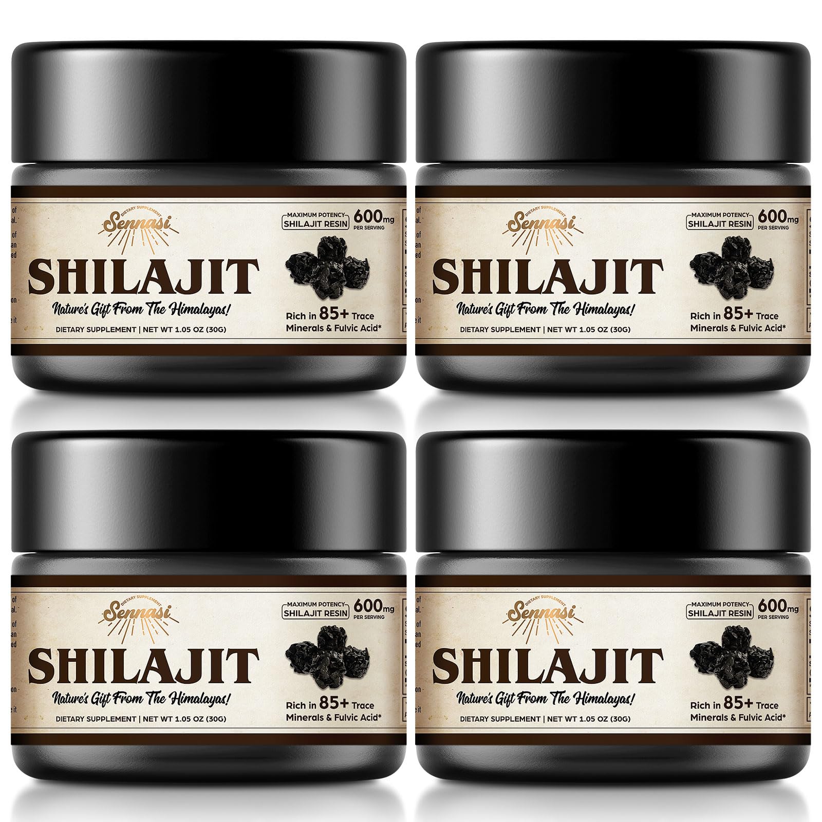 Sennasi Shilajit Resina en bote de vidrio, conserva pureza y potencia para vitalidad diaria.