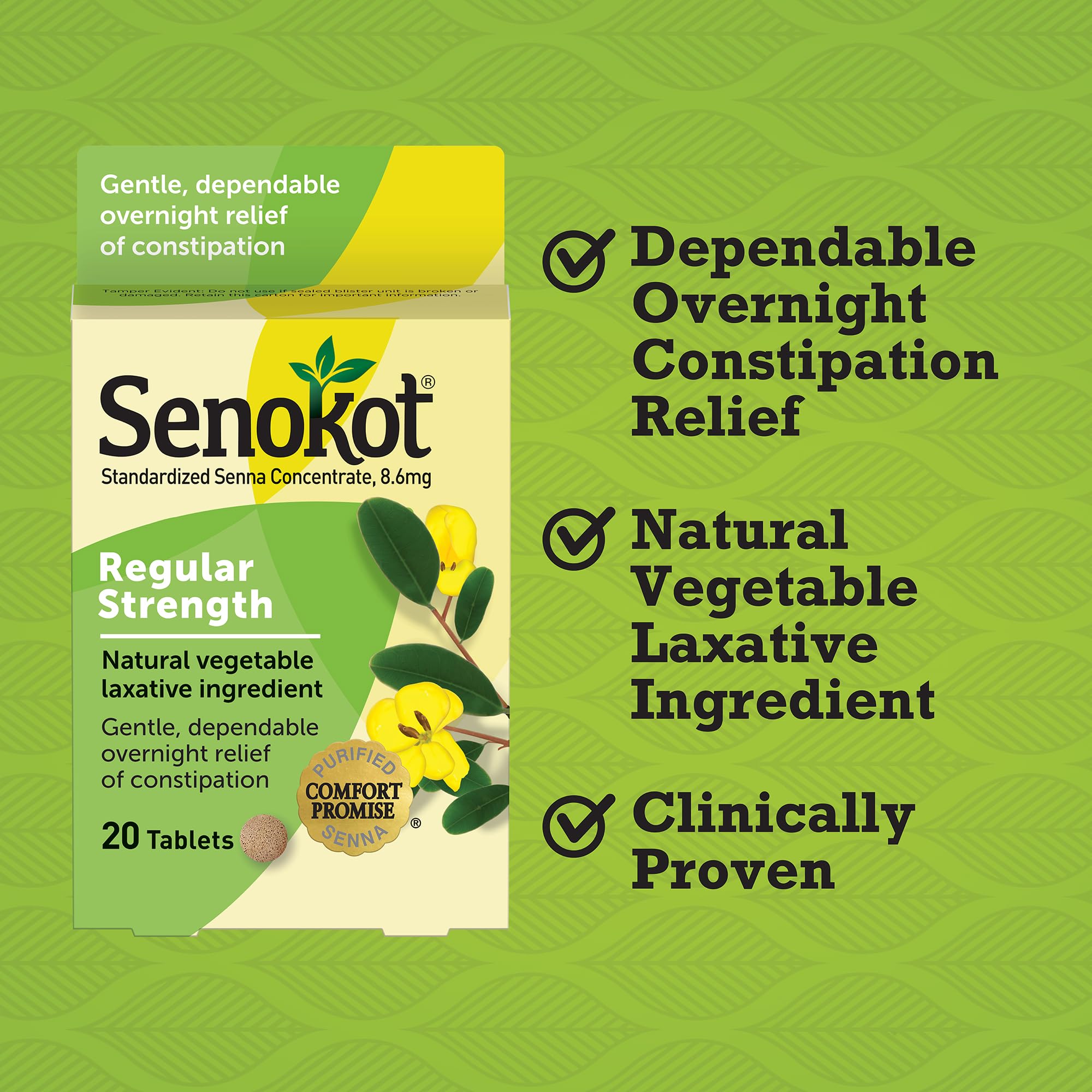 Senokot Regular Strength envase exterior, presentación práctica para llevar.