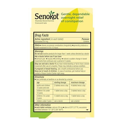 Senokot Regular Strength etiquetas del producto, guía clara para uso nocturno responsable.