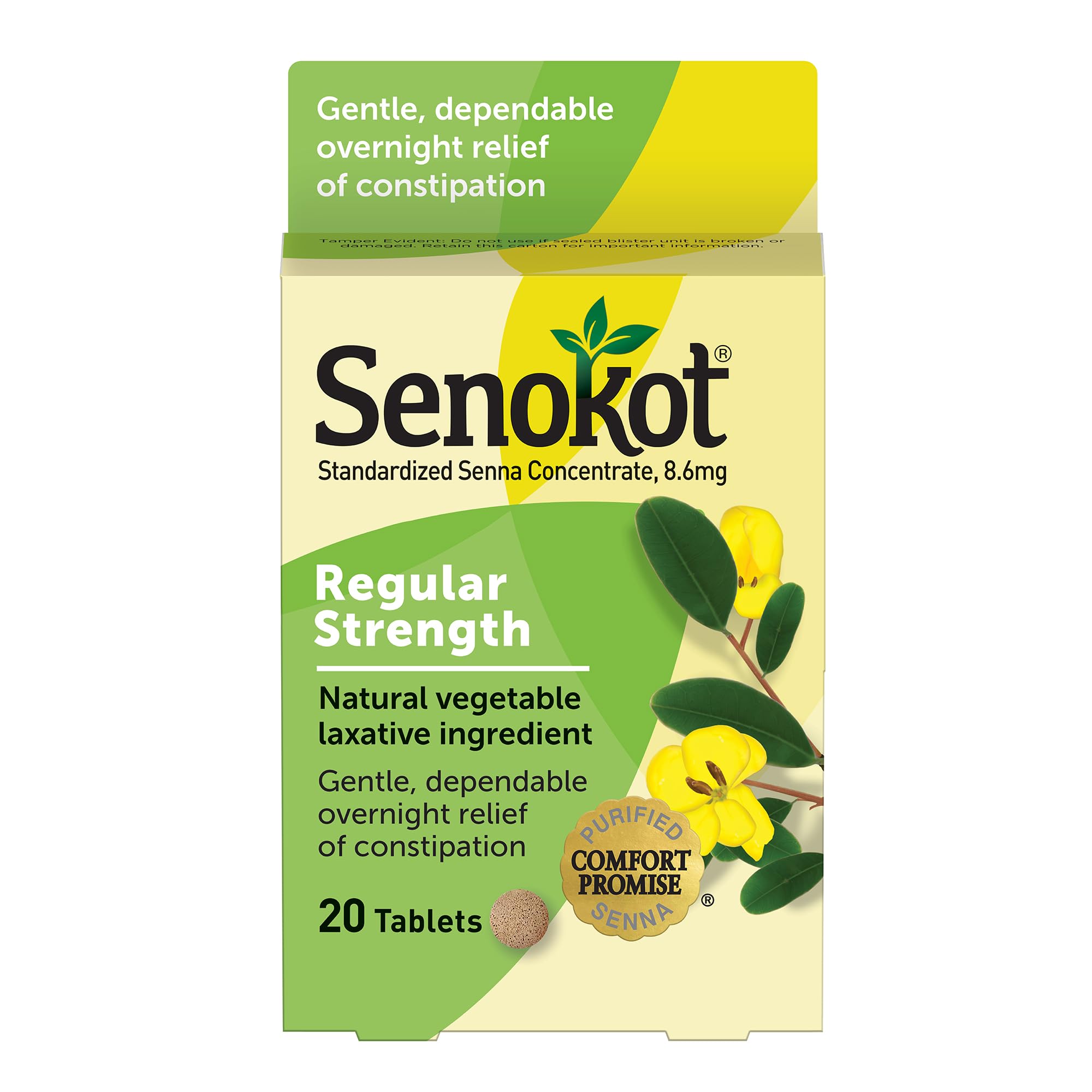 Senokot Regular Strength tabletas en caja, alivio nocturno suave para estreñimiento ocasional.