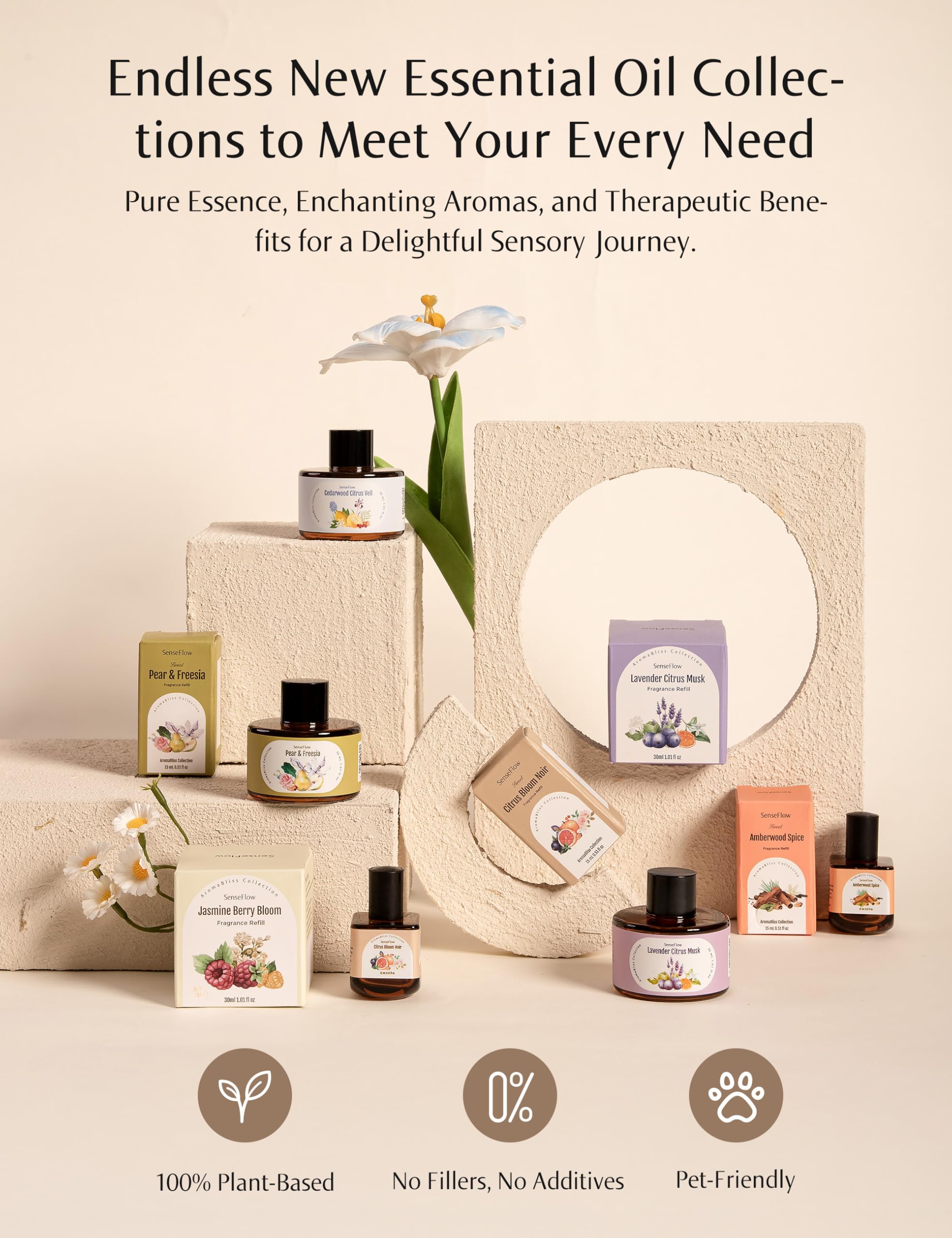 Fragancia Jasmine Dew Harmony de SenseFlow crea un ambiente floral y fresco.