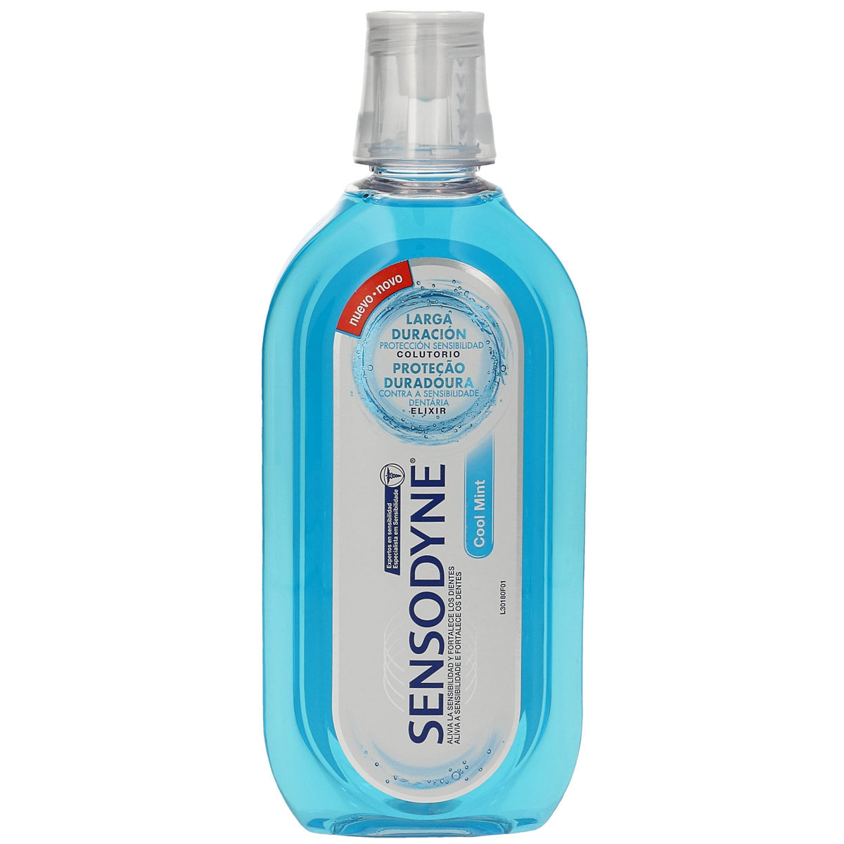 Sensodyne Enjuague Cool Mint, botella de 500 ml, protección diaria para dientes sensibles.