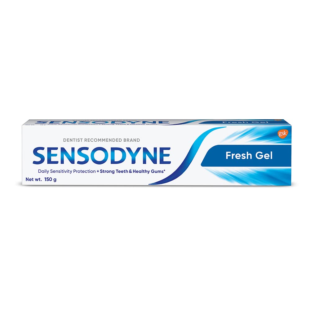 Gel refrescante de Sensodyne en tubo 150 g para dientes sensibles y aliento duradero.