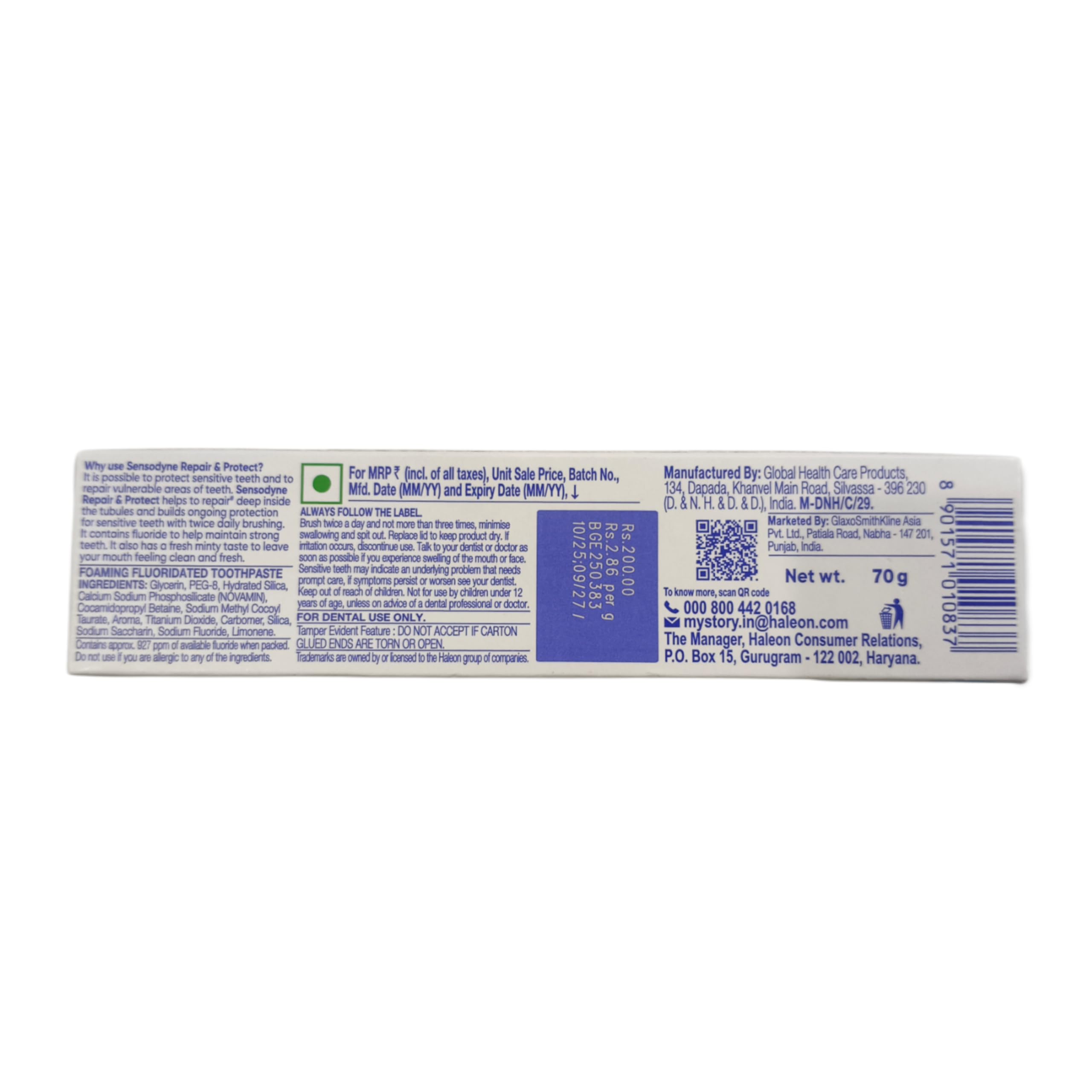 Sensodyne Repair Protect dentífrico 70 g, vista trasera destacando la reparación de áreas sensibles.