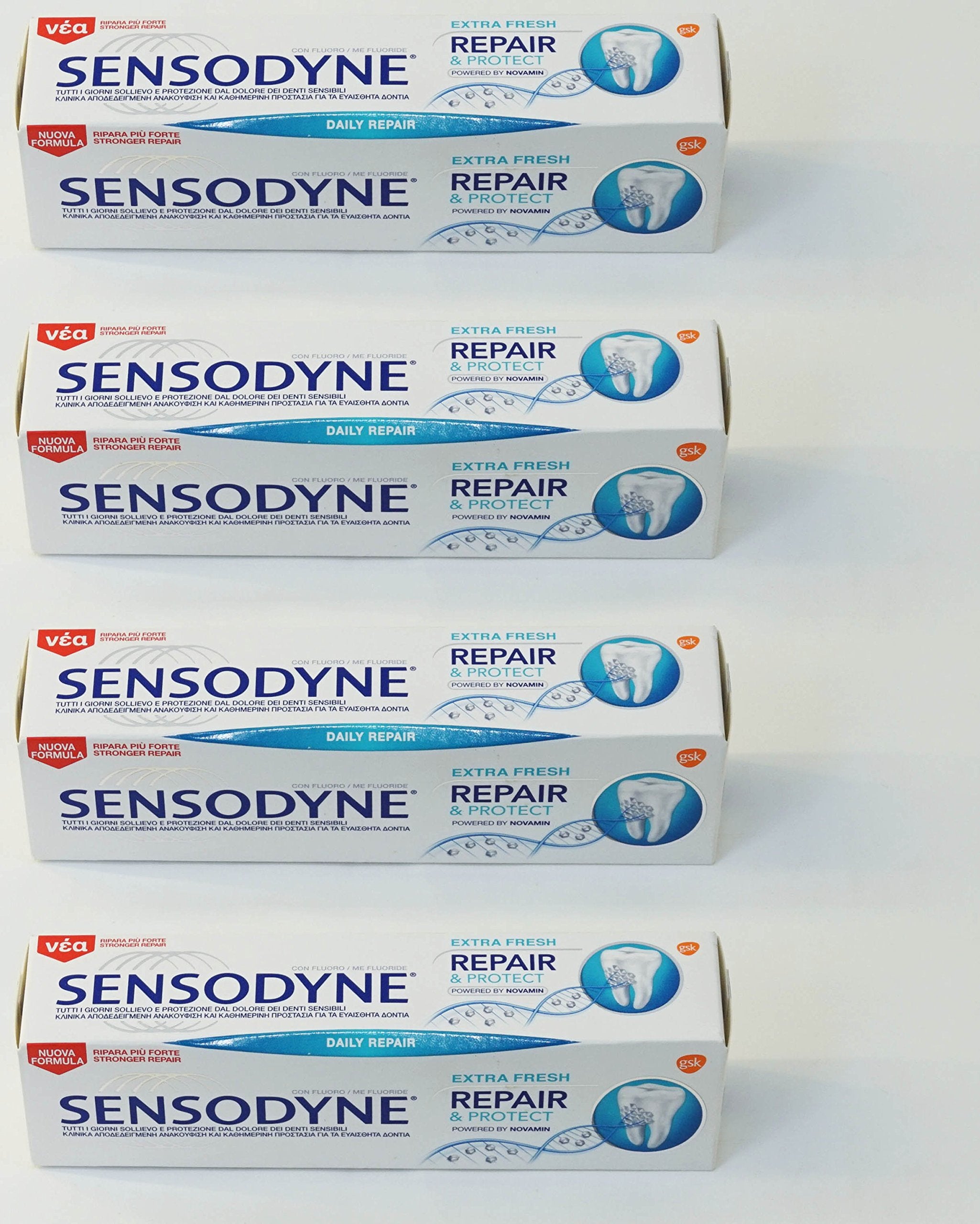 Sensodyne Repair & Protect Extra Fresh en tubo de 75 ml, paquete de cuatro para uso diario.