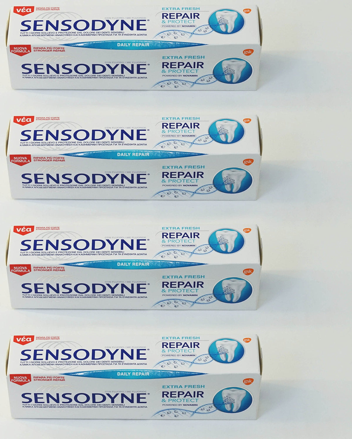 Sensodyne Repair & Protect Extra Fresh en tubo de 75 ml, paquete de cuatro para uso diario.